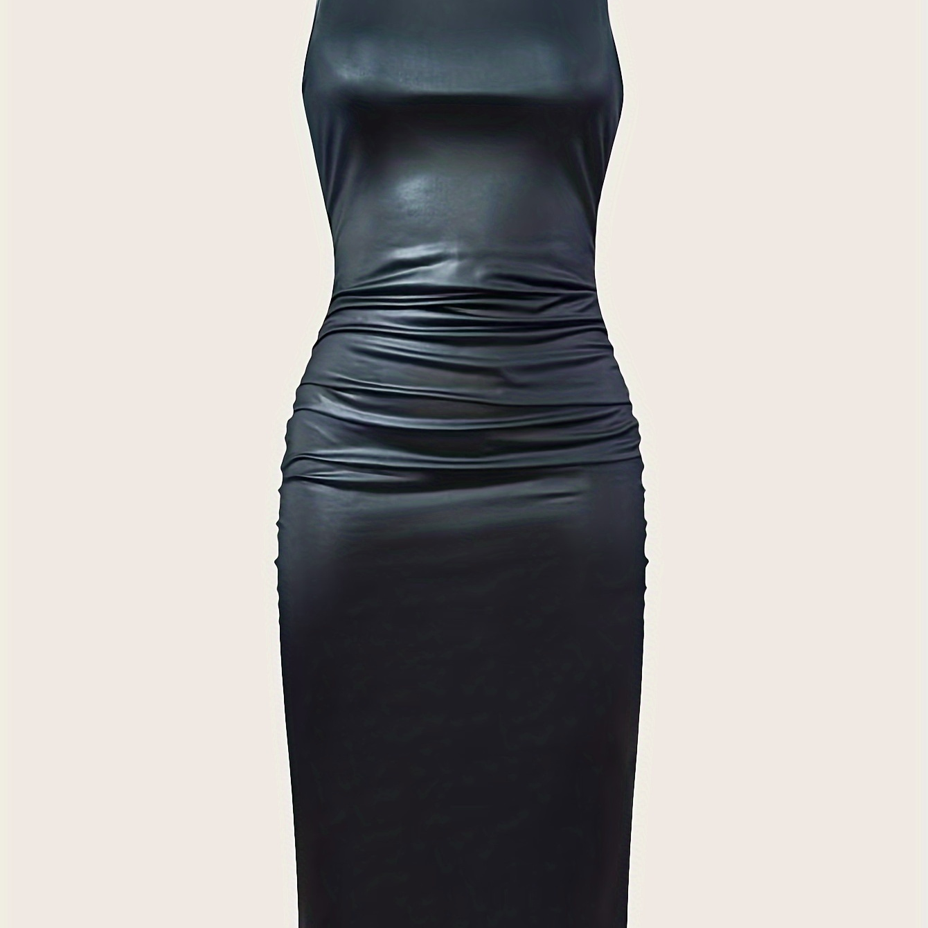 

Elegant Women's Midi Dress, Solid Color Polyester Knit Fabric, Sleeveless Sheath With Ruffle Detail, V-neck, With Side Slit, No Belt - 100% Polyester