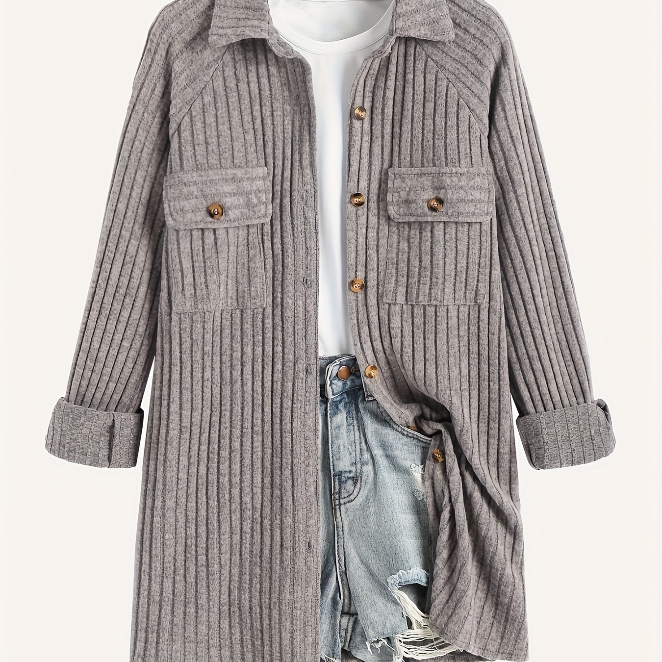 リブ編みボタンフロントジャケット、春と秋のためのカジュアルな長袖
