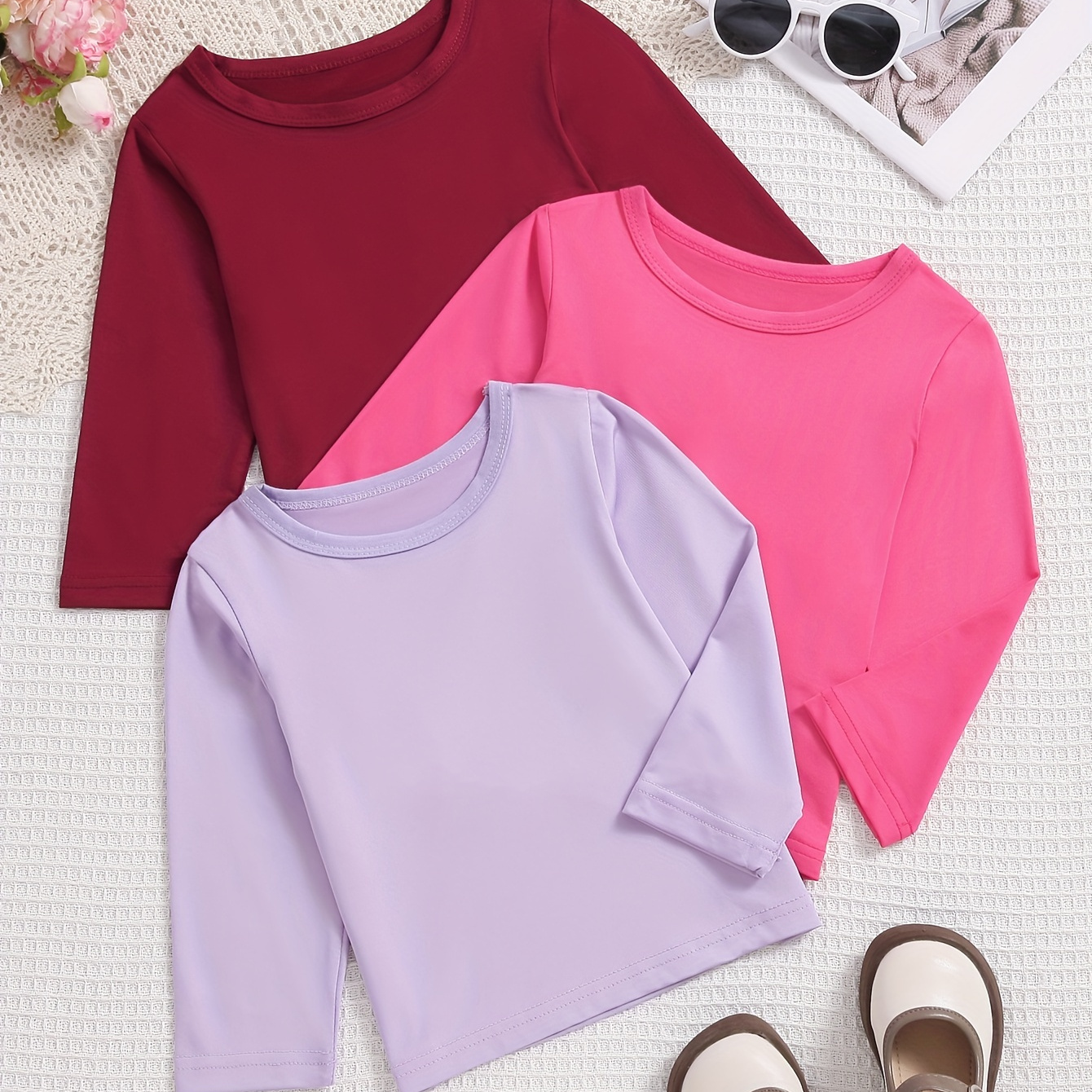 3pcs Girls All-match Solid Long Sleeve Undershirts, Toddler's Crew Neck  Casual T-shirts Blouses