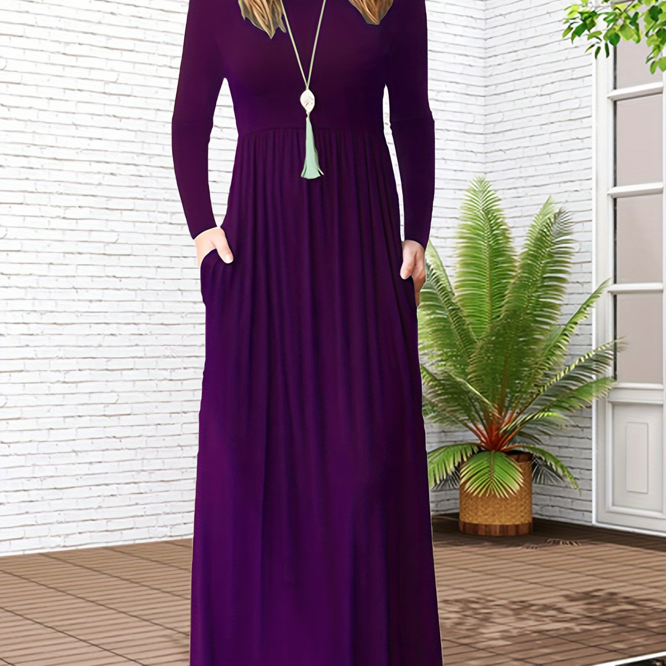 

Misfay Women's Solid Color Long Sleeve With Pockets Casual Long Round Neck Evening Dresses