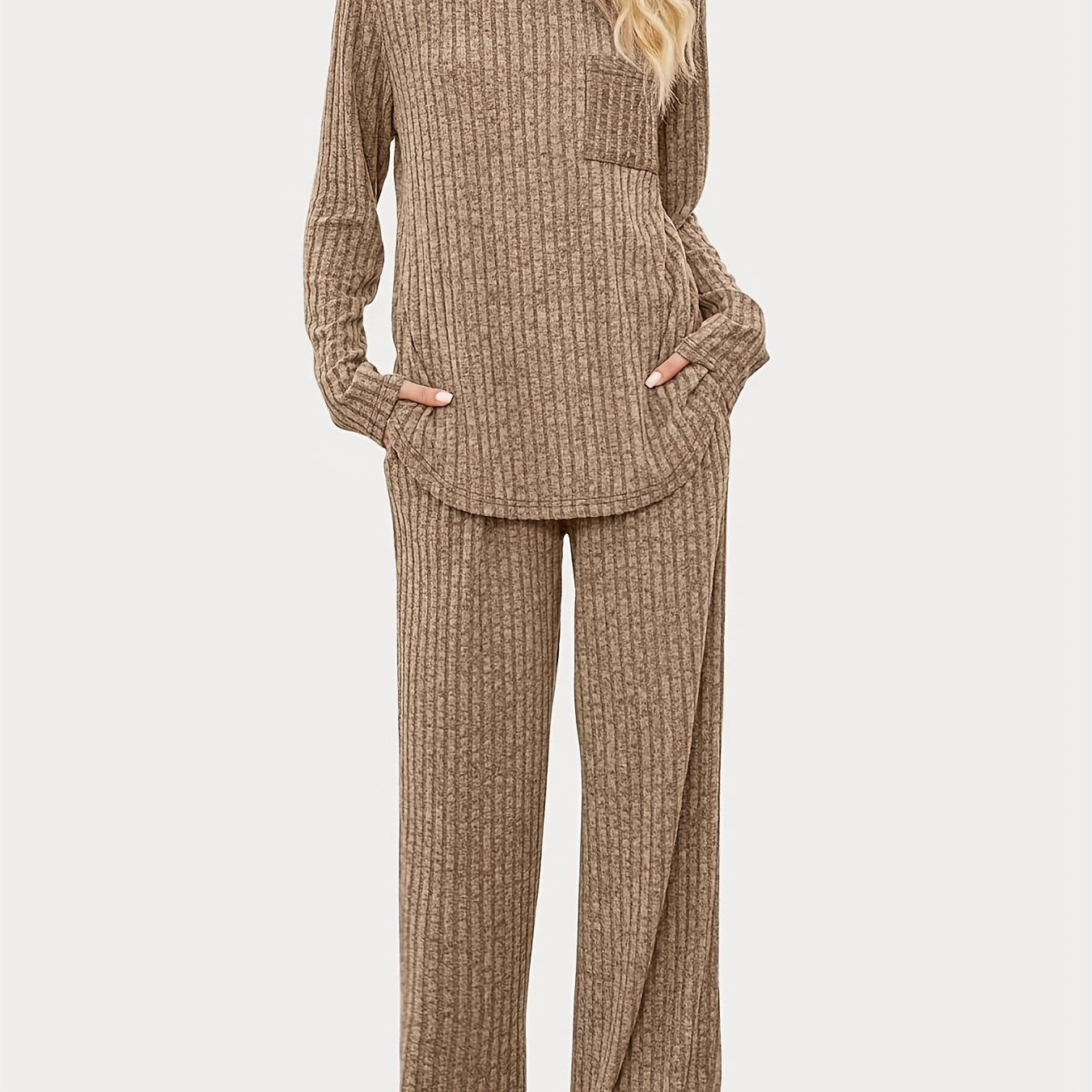 

Ensemble Décontracté Grande Taille pour Femmes - Manches Longues & Pantalon, Mélange de Polyester Extensible, Couleur Unie, Col Rond