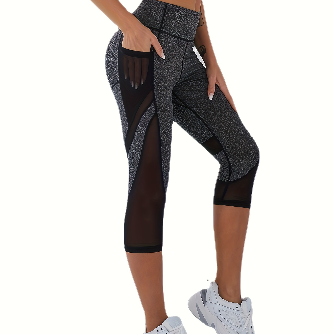 

Mesh Contrast Breathable Sports Capri Leggings, High Waisted Fitness Running Yoga Tight Capri Pants, Women's Activewear