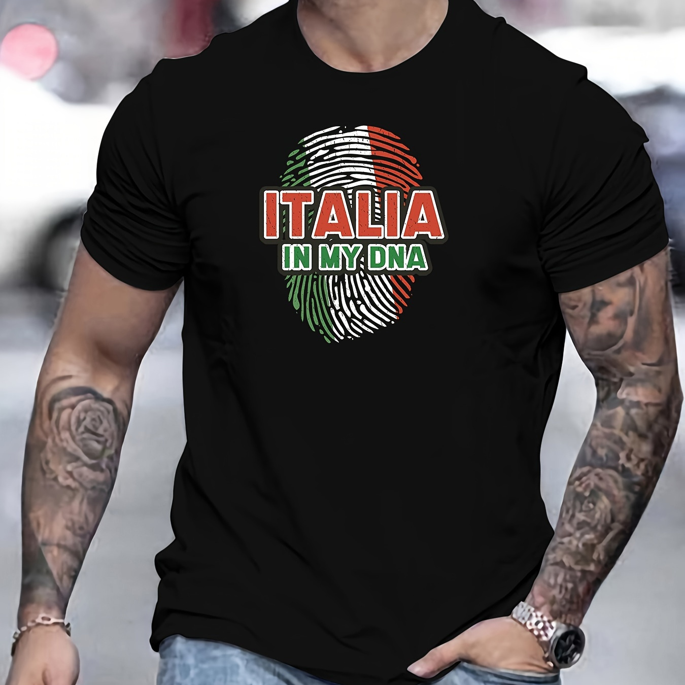 

Italia In My Dna Print Crew Neck T-shirt For Men, Casual Short Sleeve Top, Men's Clothing