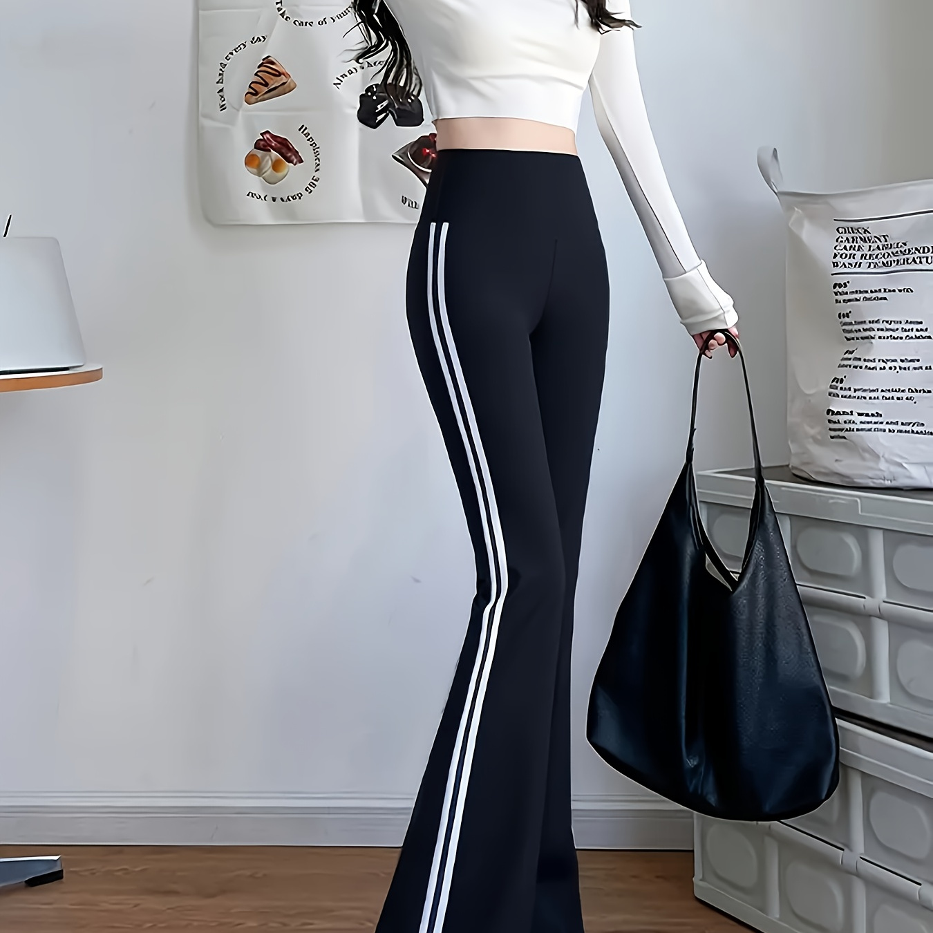 

1pc High-waisted Flare Pants For Women, Solid Color Polyester Knit Fabric, Side Striped Casual Bell Bottoms, Long Length, Weekend Wear