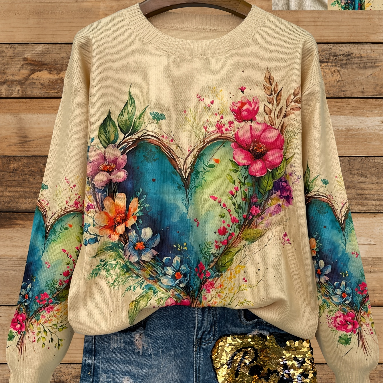 

Women's Lightweight Floral Heart Pattern Sweater - Casual Crew Neck, Long Sleeve, Knit Fabric, Spring & Fall