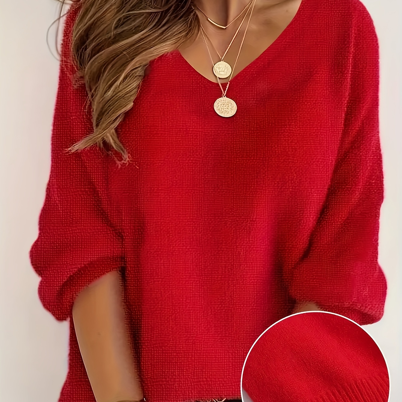 

1pc Elegant V-neck Knit Sweater For Women, Polyester Solid Color Pullover Top, Spring/autumn Fashion, Casual Knitted Shirt