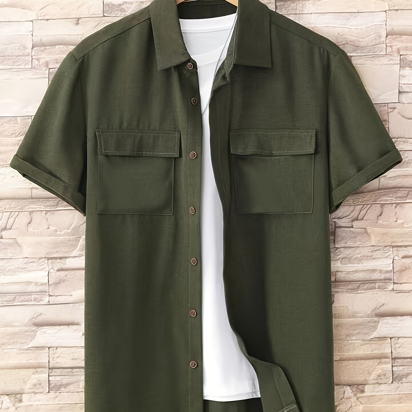 

Men's Solid Casual Chest Pocket Button Up Short Sleeve Shirt For Spring Summer