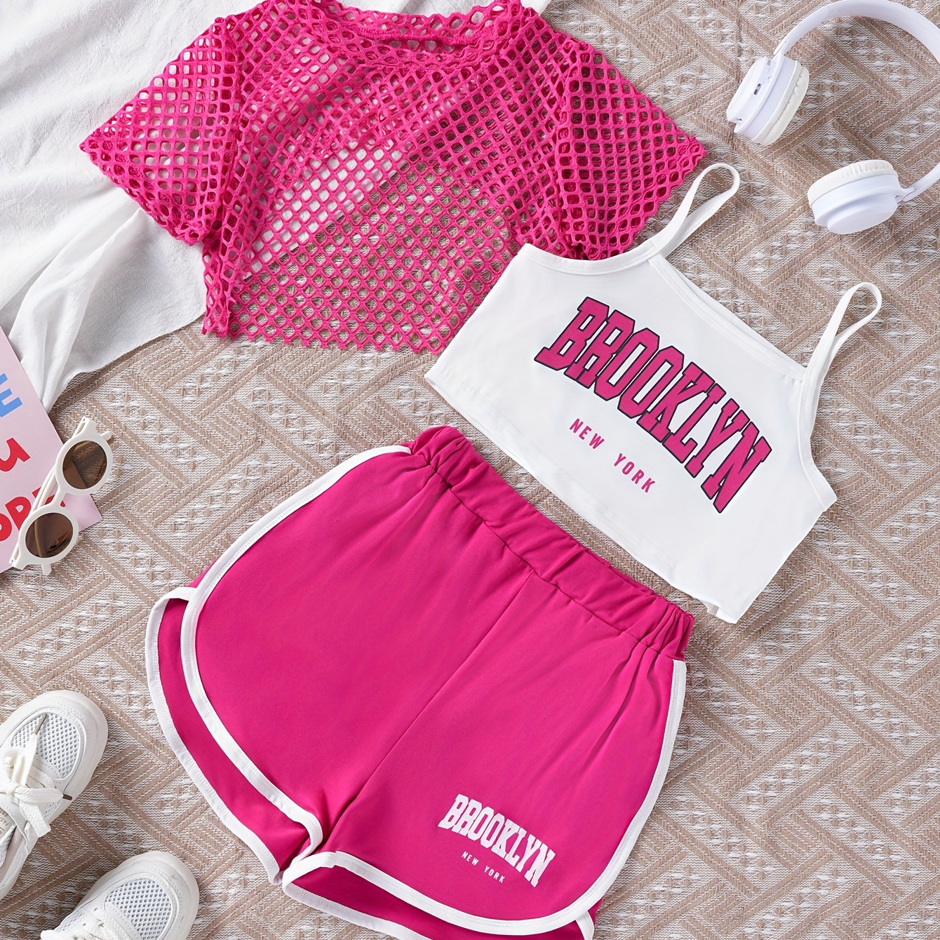 

Sporty Girl's Set, Hollow-out Top + Camisole + Sports Shorts 3-piece Casual Going Out Girls Summer Clothes