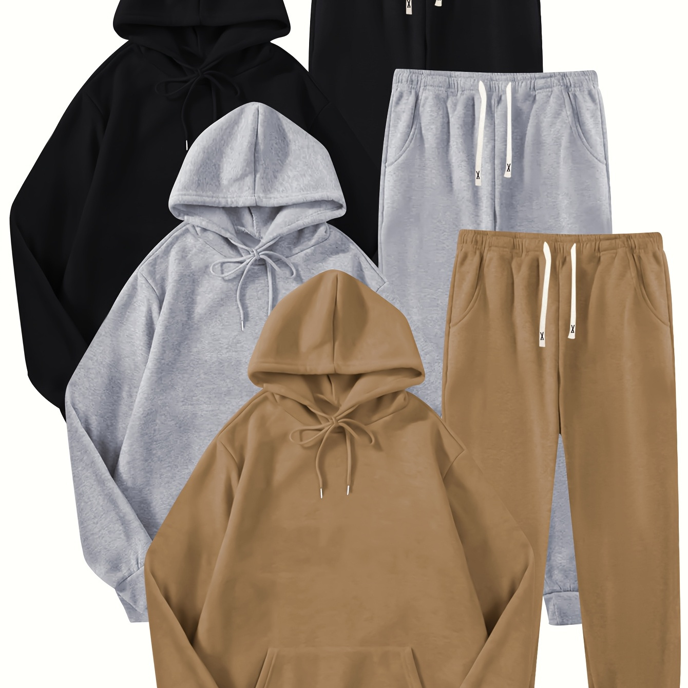 

Men's 3pcs Hoodie & Sweatpants Set - Casual Sportswear With Drawstring Joggers, Solid Color Pullover, Long Sleeve - Spring/fall, Light Board, Waistband, Drawstring