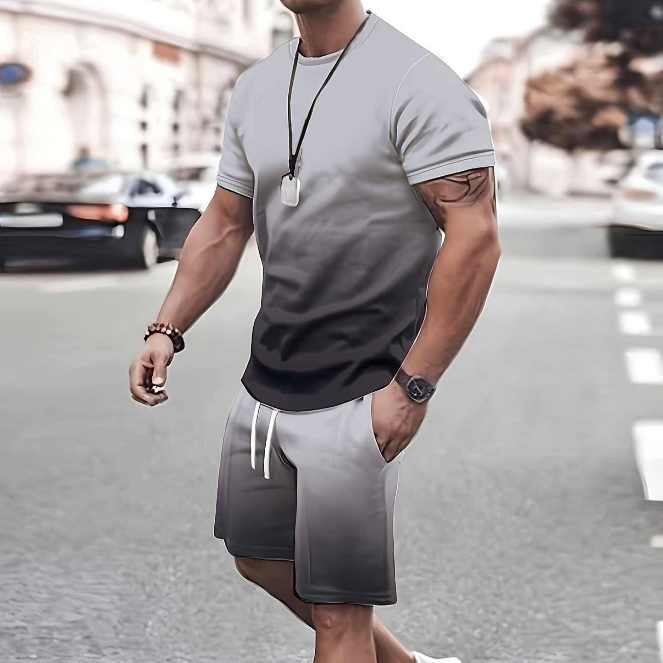 

Men's 2pcs Gradient Gray Casual Sports Set, Polyester Crew Neck T-shirt With Pocket Drawstring Shorts, Knit Fabric, Regular Fit, Casual Attire|sporty Outfit|smooth Texture, Plus Size