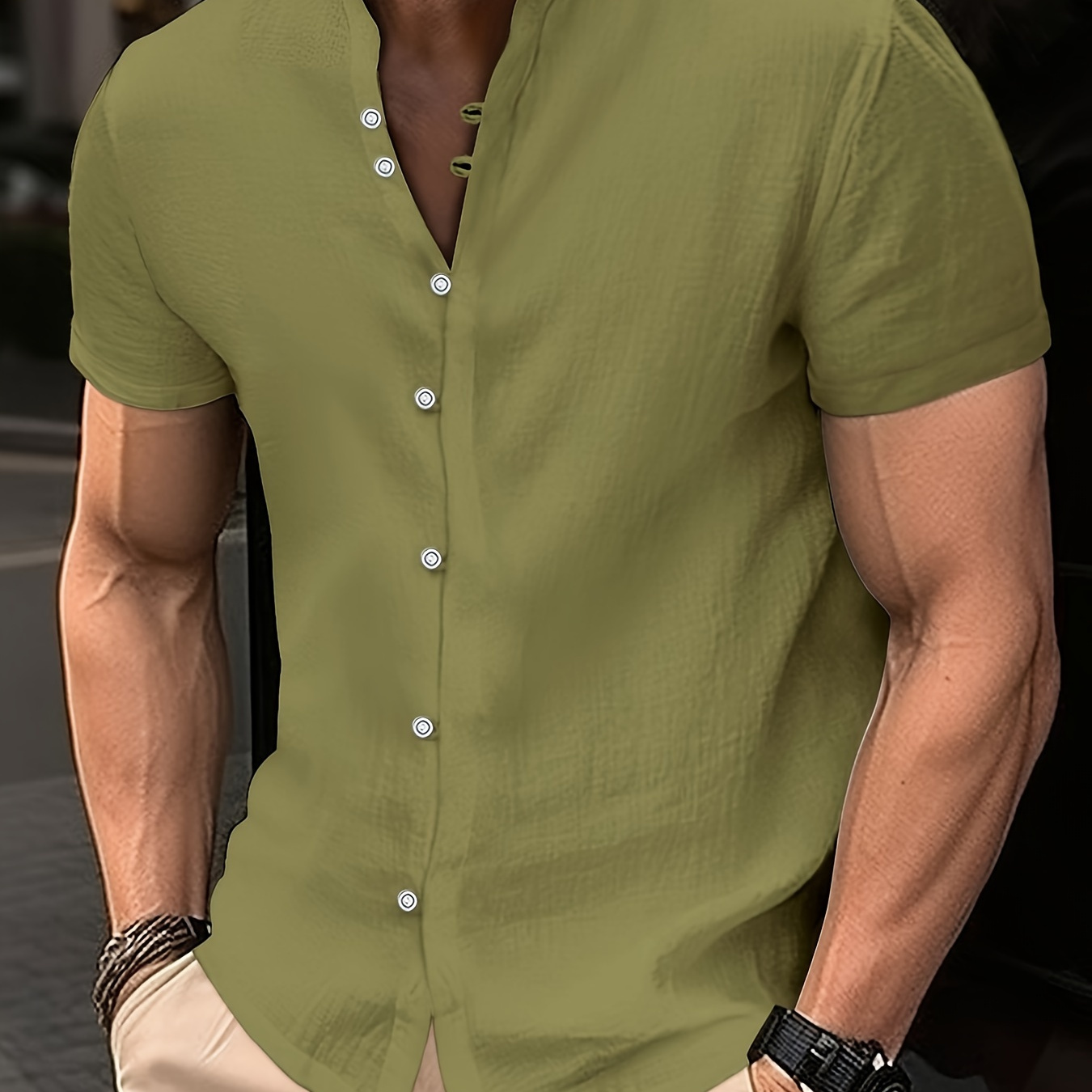 

Men's Solid Short Sleeve Button Down Stand Collar Henley Shirt For Summer Resort Holiday, Hawaiian Style