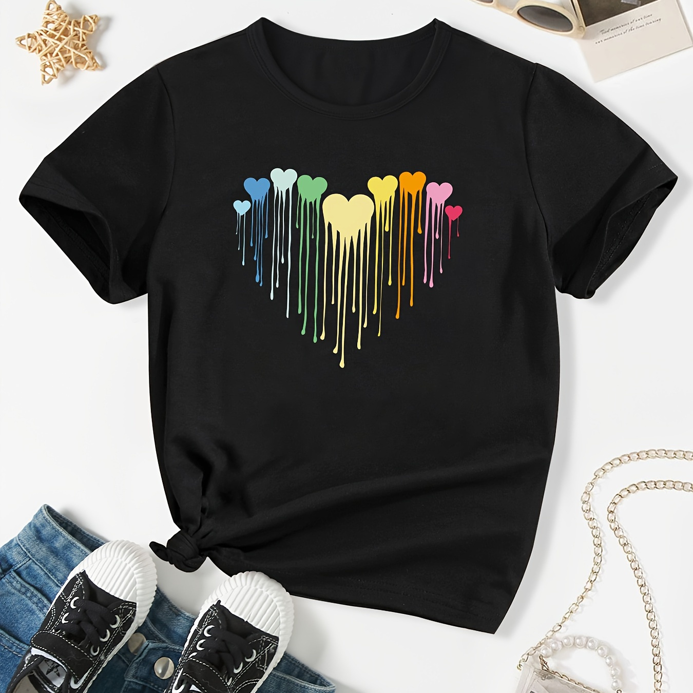 

Colorful Melting Hearts Graphic Print, Girls' Casual Crew Neck Short Sleeve T-shirt, Comfy Top Clothes For Spring And Summer For Outdoor Activities