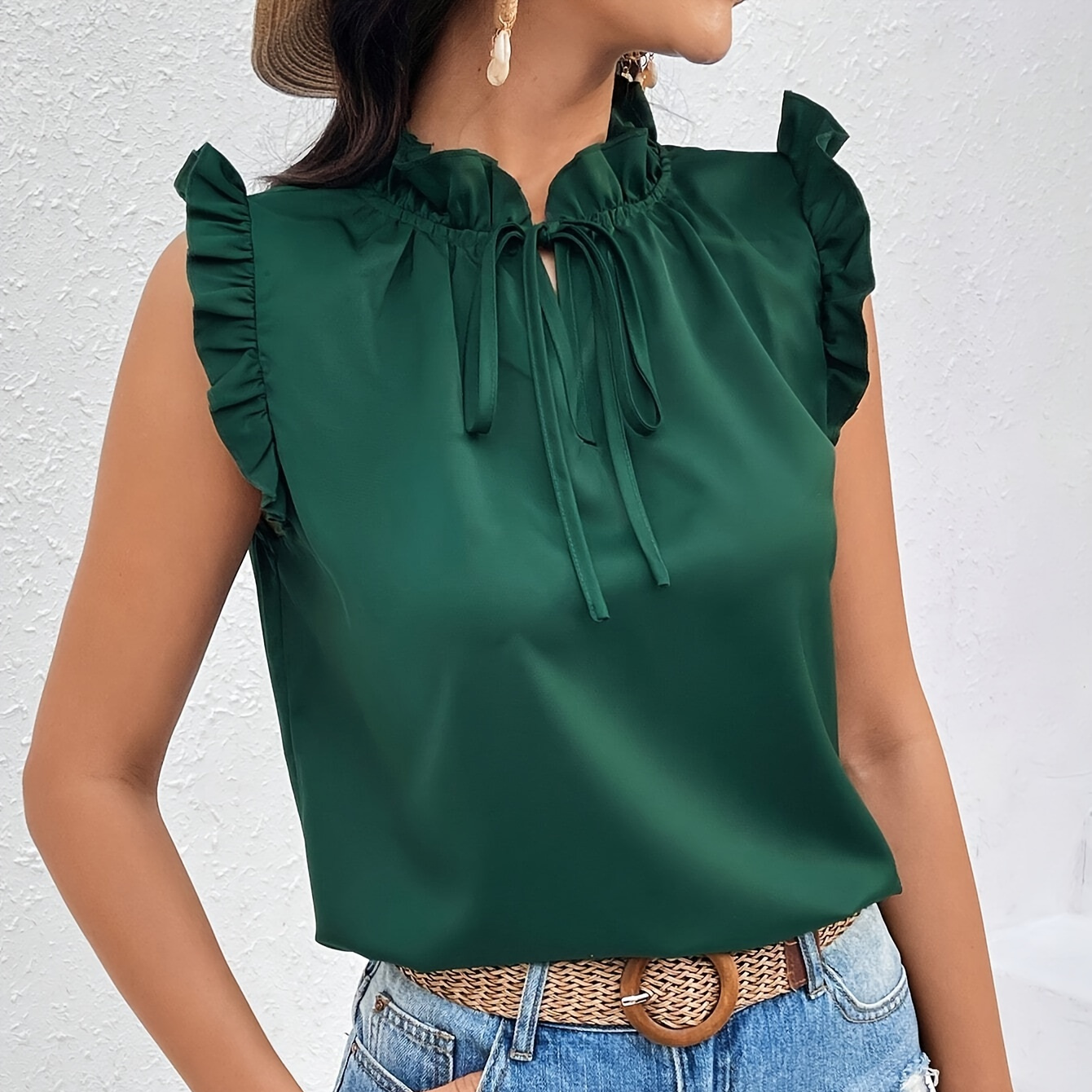 

Solid Color Tied Neck Blouse, Elegant Ruffle Trim Sleeveless Blouse For Spring & Summer, Women's Clothing