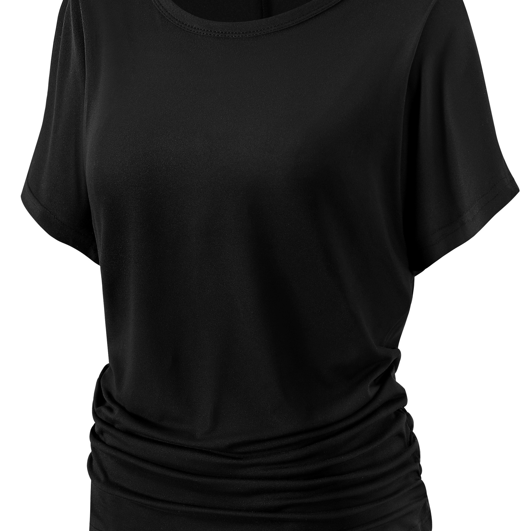 

Plus Size Casual T-shirt, Women's Plus Solid Bat Sleeve Crew Neck Ruched Side T-shirt