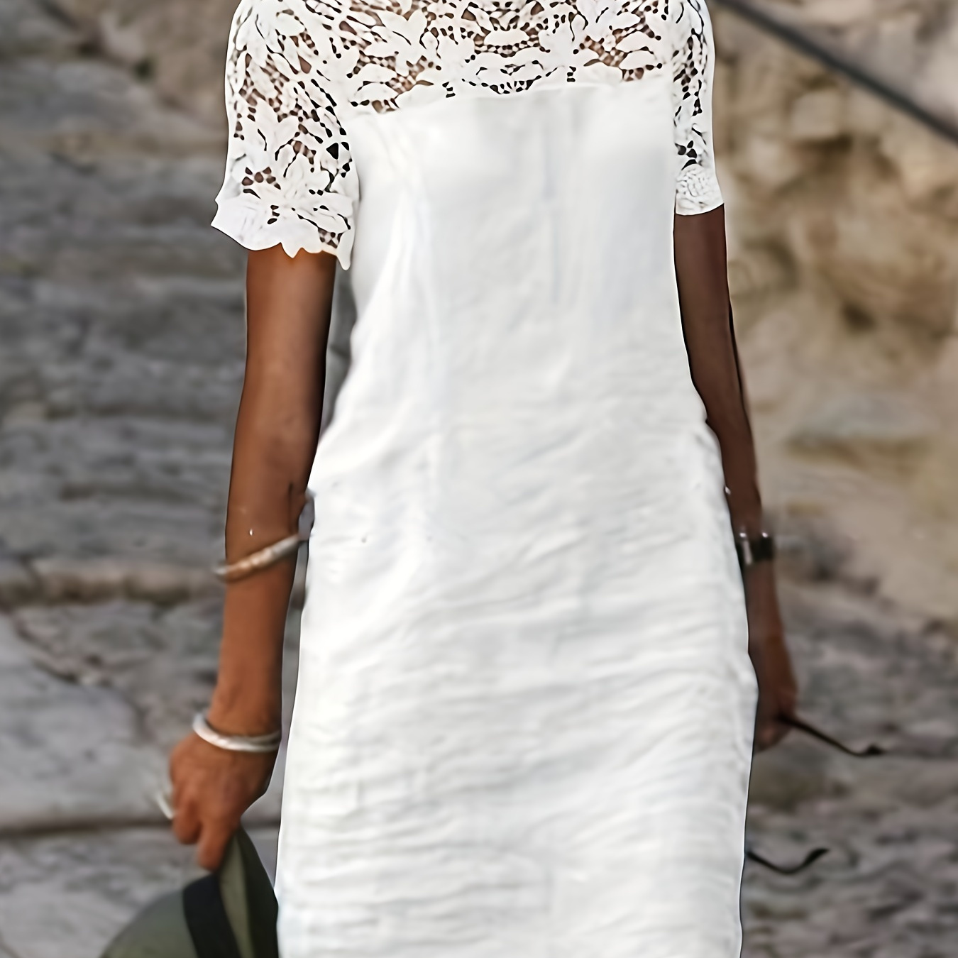 

Solid Lace Splicing Dress, Elegant Short Sleeve Simple Dress For Spring & Fall, Women's Clothing