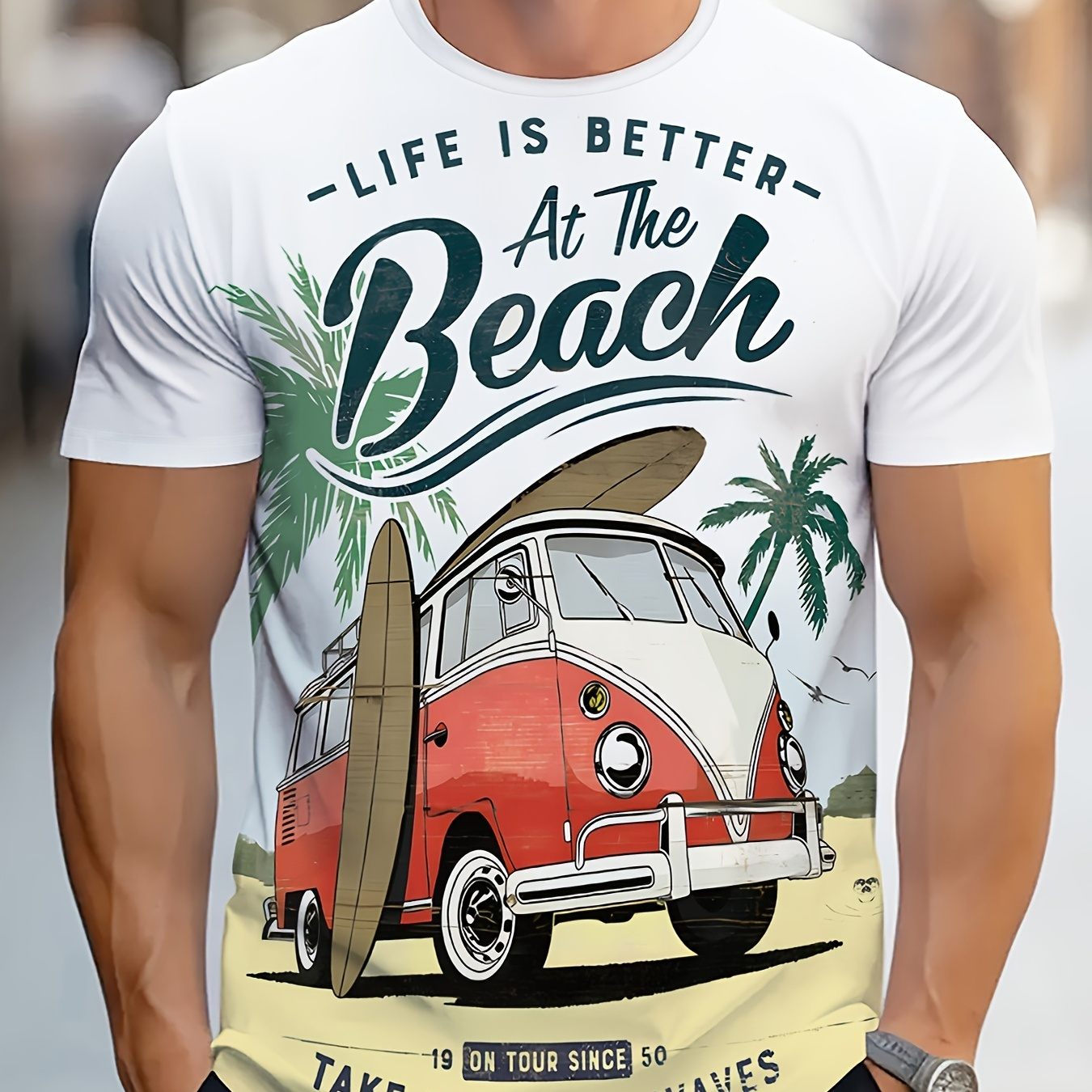 

Men's Bus Graphic Print T-shirt, Short Sleeve Crew Neck Tee, Men's Clothing For Summer Outdoor