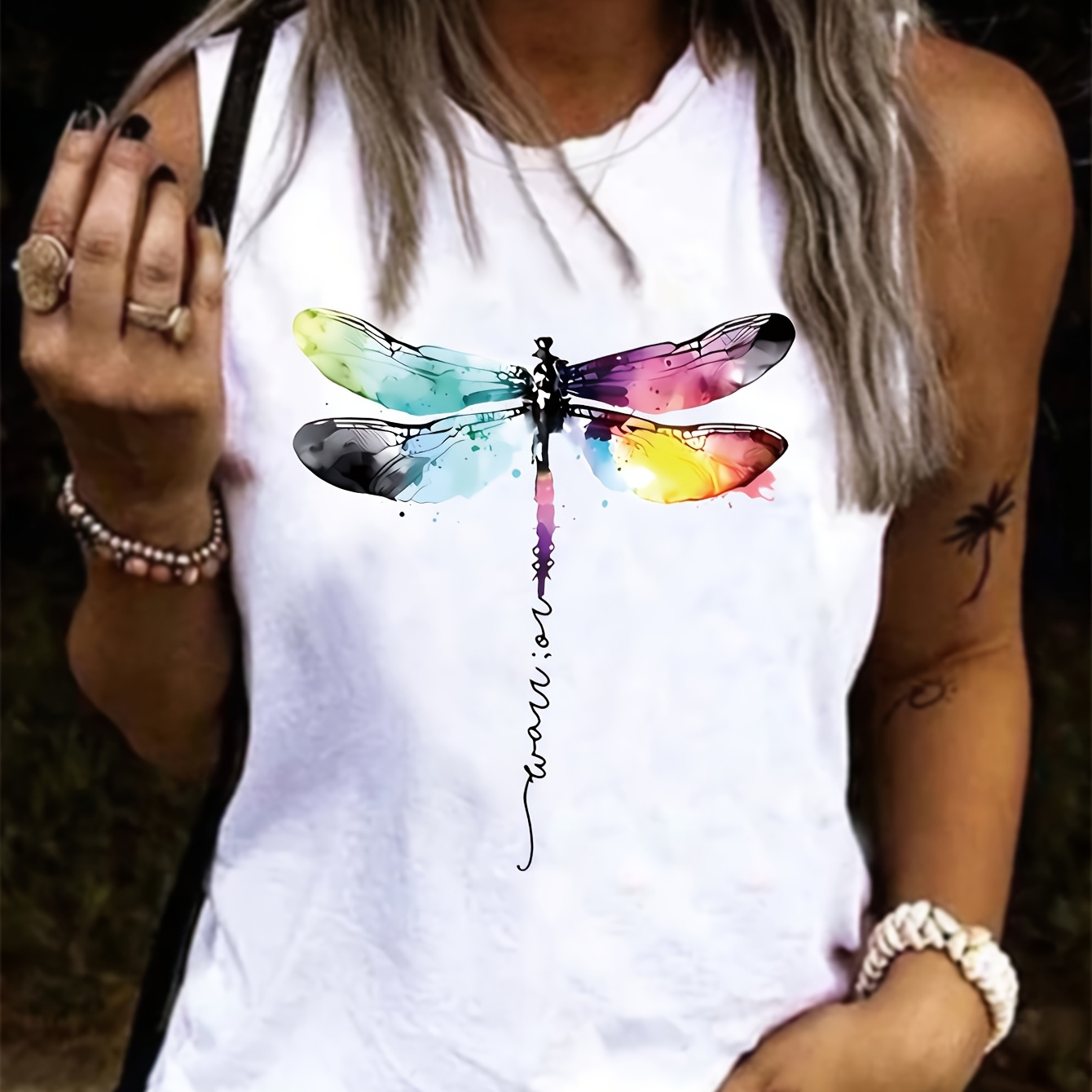 

Plus Size Dragonfly Print Tank Top, Casual Crew Neck Sleeveless Tank Top For Summer, Women's Plus Size clothing