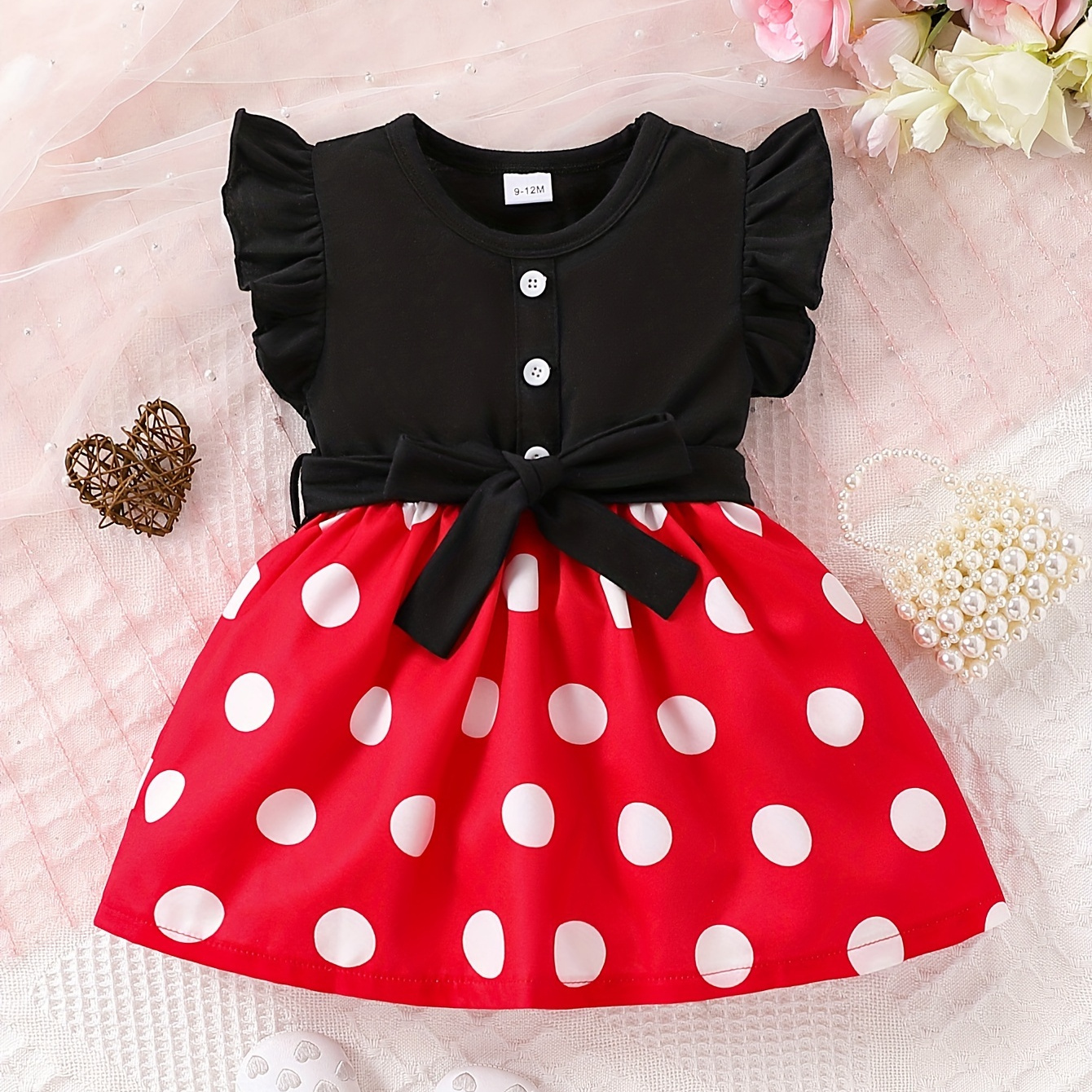 

Summer Cute Small Flying Sleeve Red And Black Polka Dot Print Dress