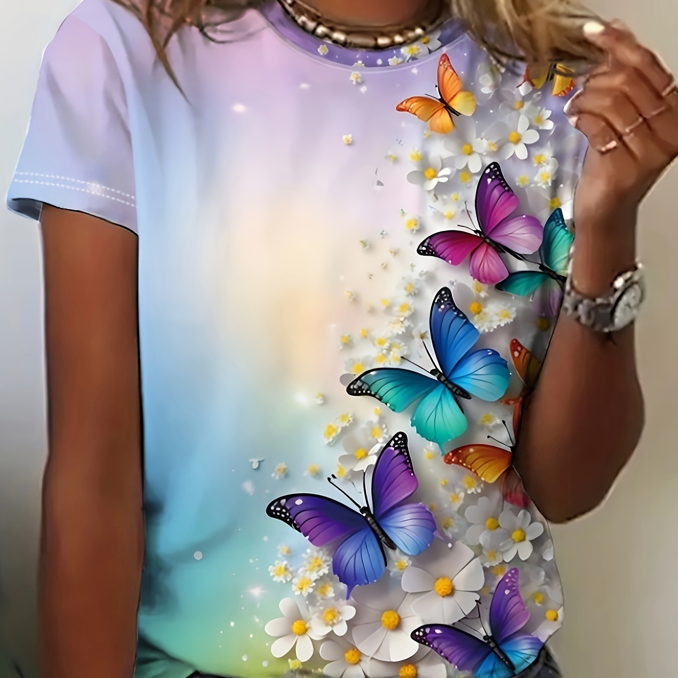 

Butterfly Print Crew Neck T-shirt, Casual Short Sleeve T-shirt For Spring & Summer, Women's Clothing