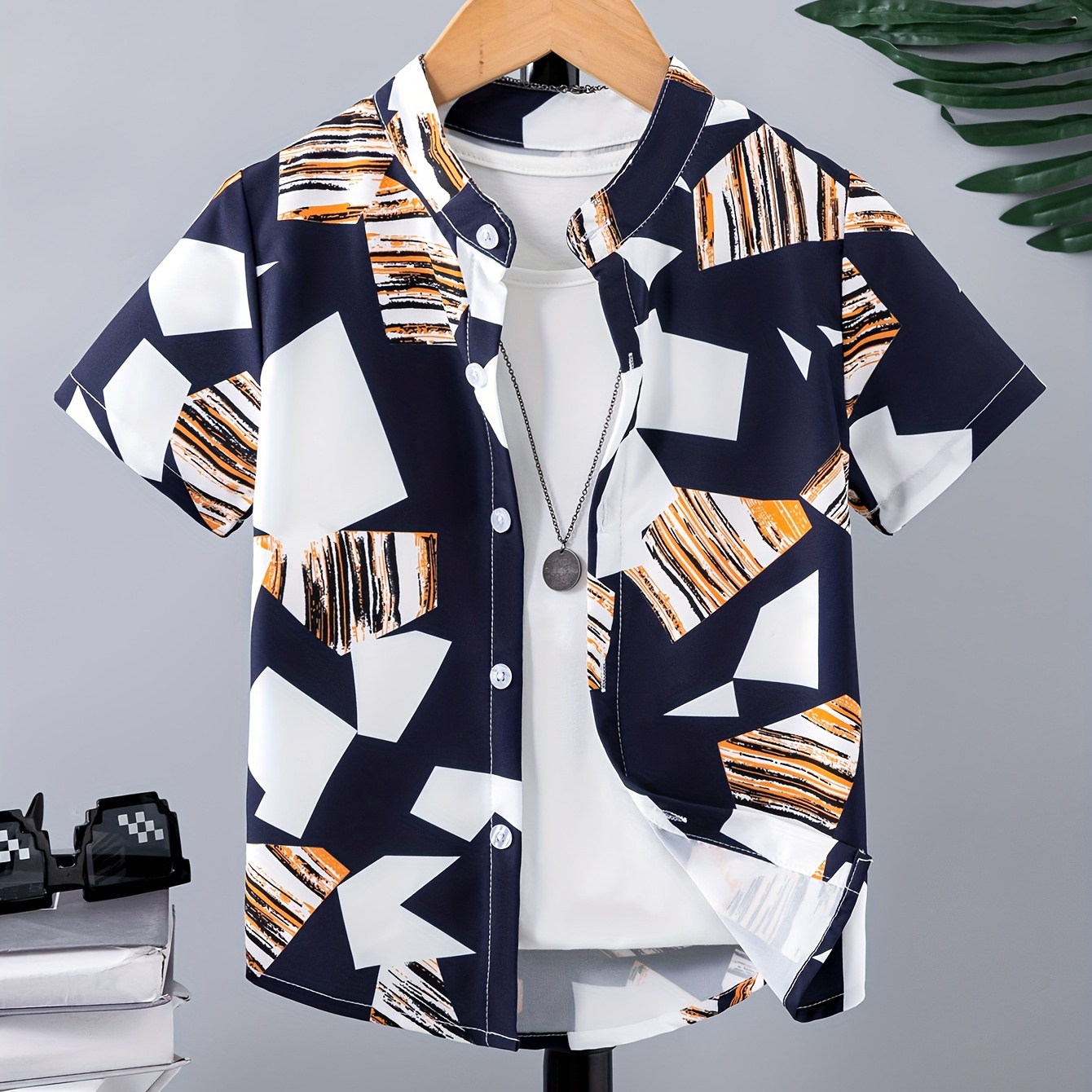 

Boy's Creative Geo Color Block Stand Collar Button Down Shirt, Kids Short Sleeve Stylish Summer Top