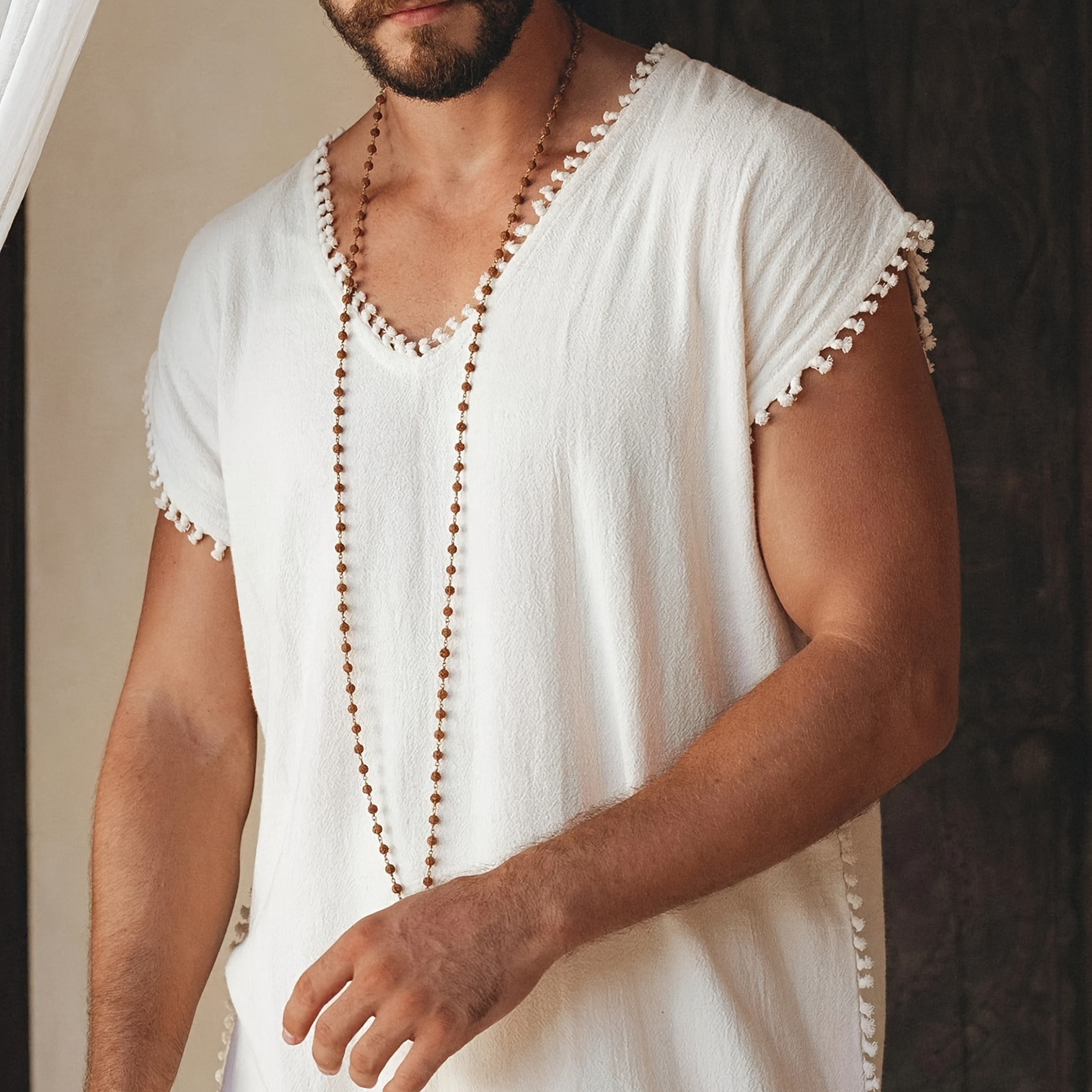 

Men's Creative Hem Design Sleeveless V-neck Cotton Comfy Tank Top, Men's Summer Holiday Beachwear