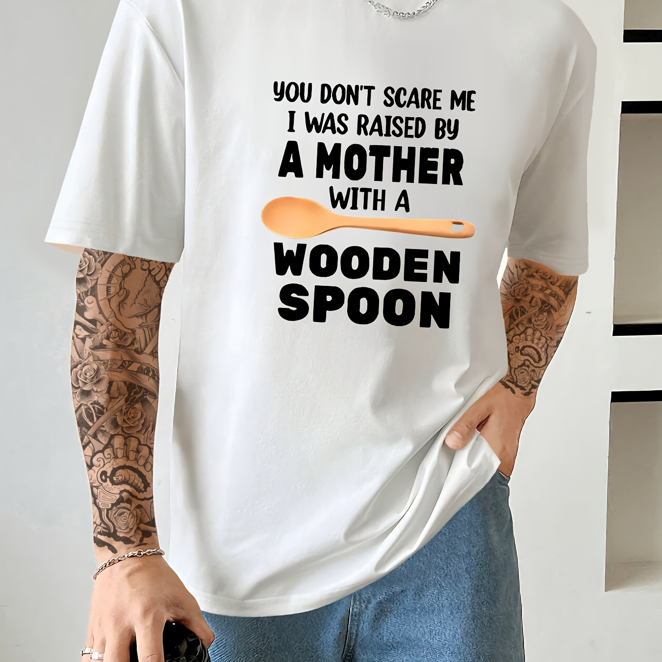 

Raised By A Mother With A Wooden Spoon Print T Shirt, Tees For Men, Casual Short Sleeve T-shirt For Summer