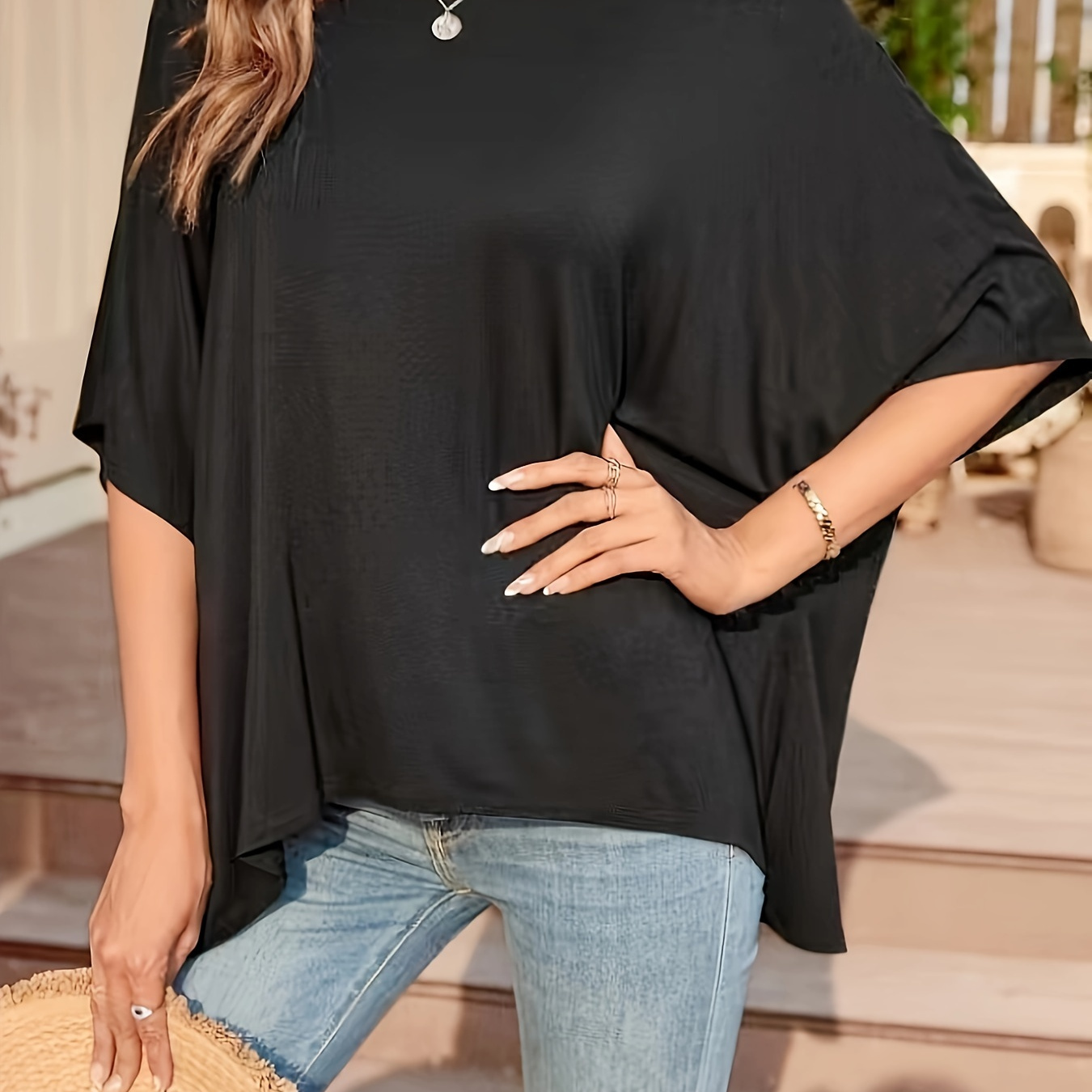 

Solid Batwing Half Sleeve Loose T-shirt, Casual Crew Neck Top For Summer & Spring, Women's Clothing