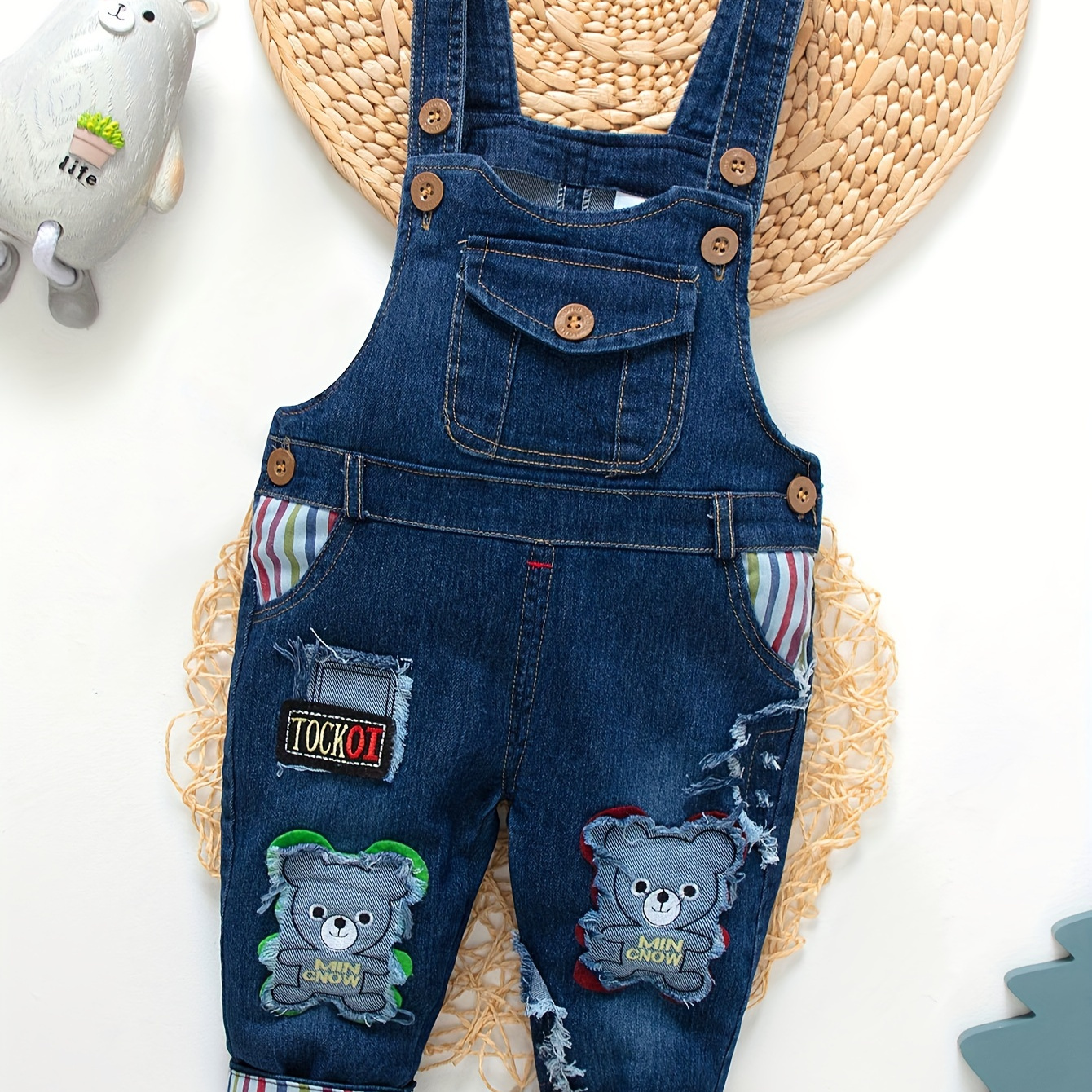 

Baby Boys Girls Cartoon Bear Patchwork Denim Suspender Pants, Comfort Fit Versatile Casual Overall, Toddlers Spring Fall Playwear