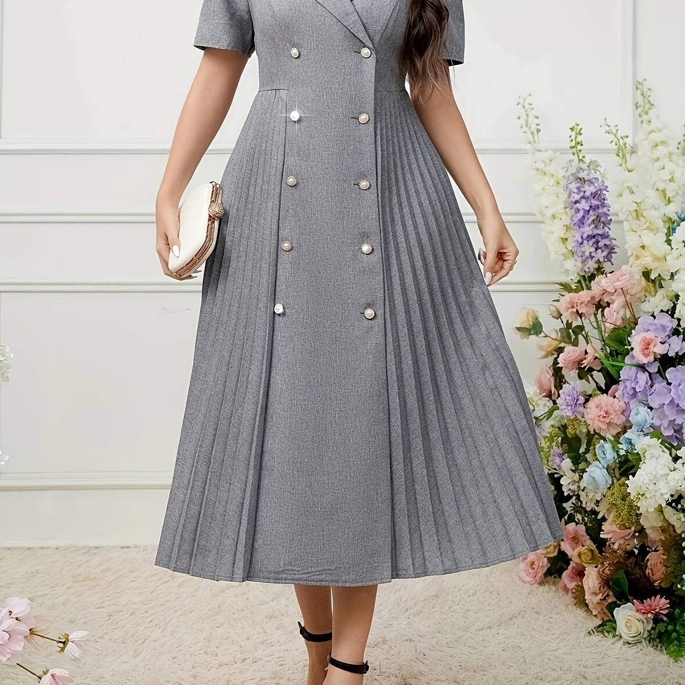 

Elegant Pleated Midi Dress, Polyester 95% Spandex 5% , Short Sleeve Tunic With Lapel Collar, Loose Fit Solid Color, Non-stretch Fabric, Spring/summer Casual Weekend Wear