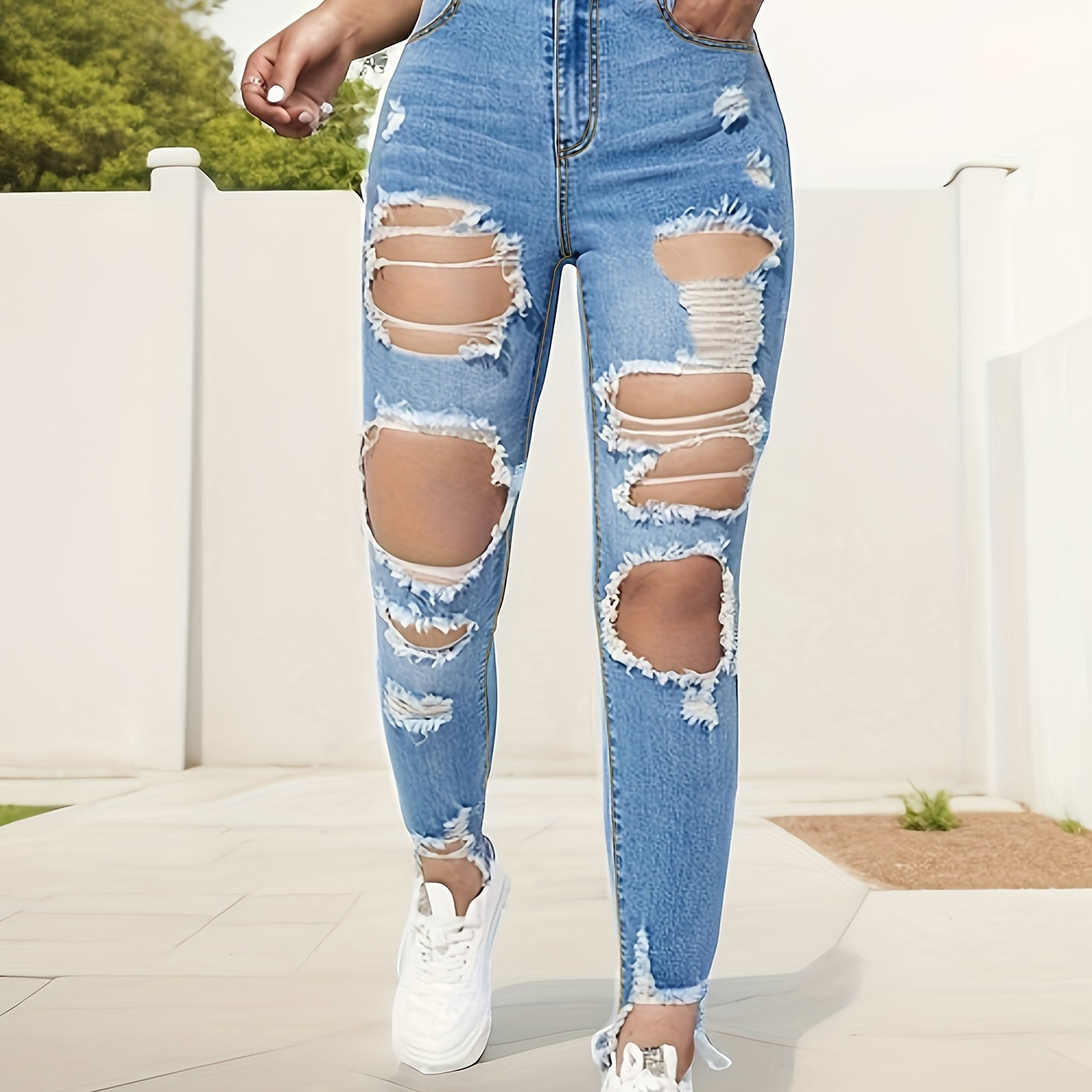

Ripped Holes Washed Skinny Jeans, High Stretch Raw Hem Casual Tight Jeans, Women's Denim Jeans & Clothing