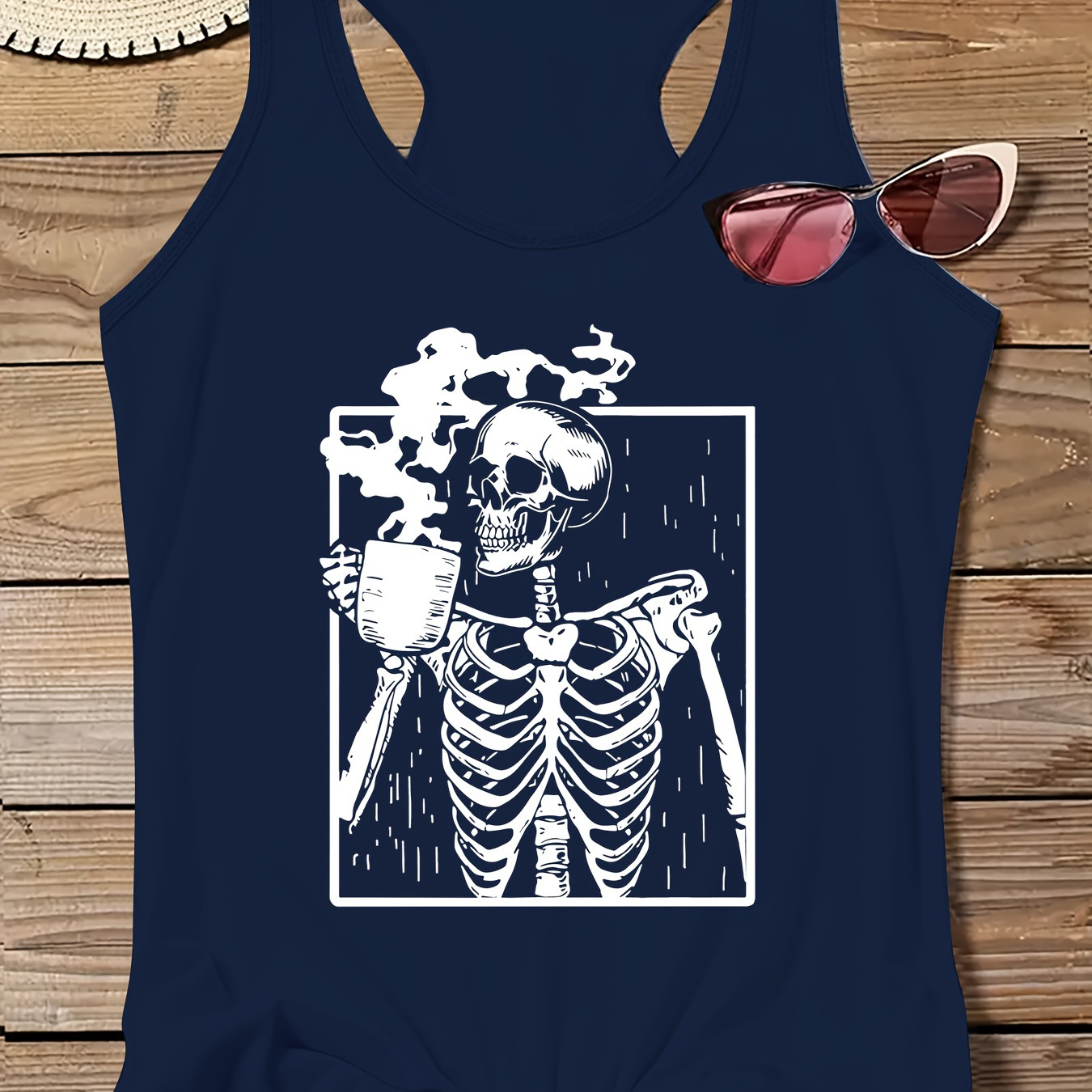 

Plus Size Skeleton Print Tank Top, Casual Crew Neck Sleeveless Top For Summer, Women's Plus Size Clothing