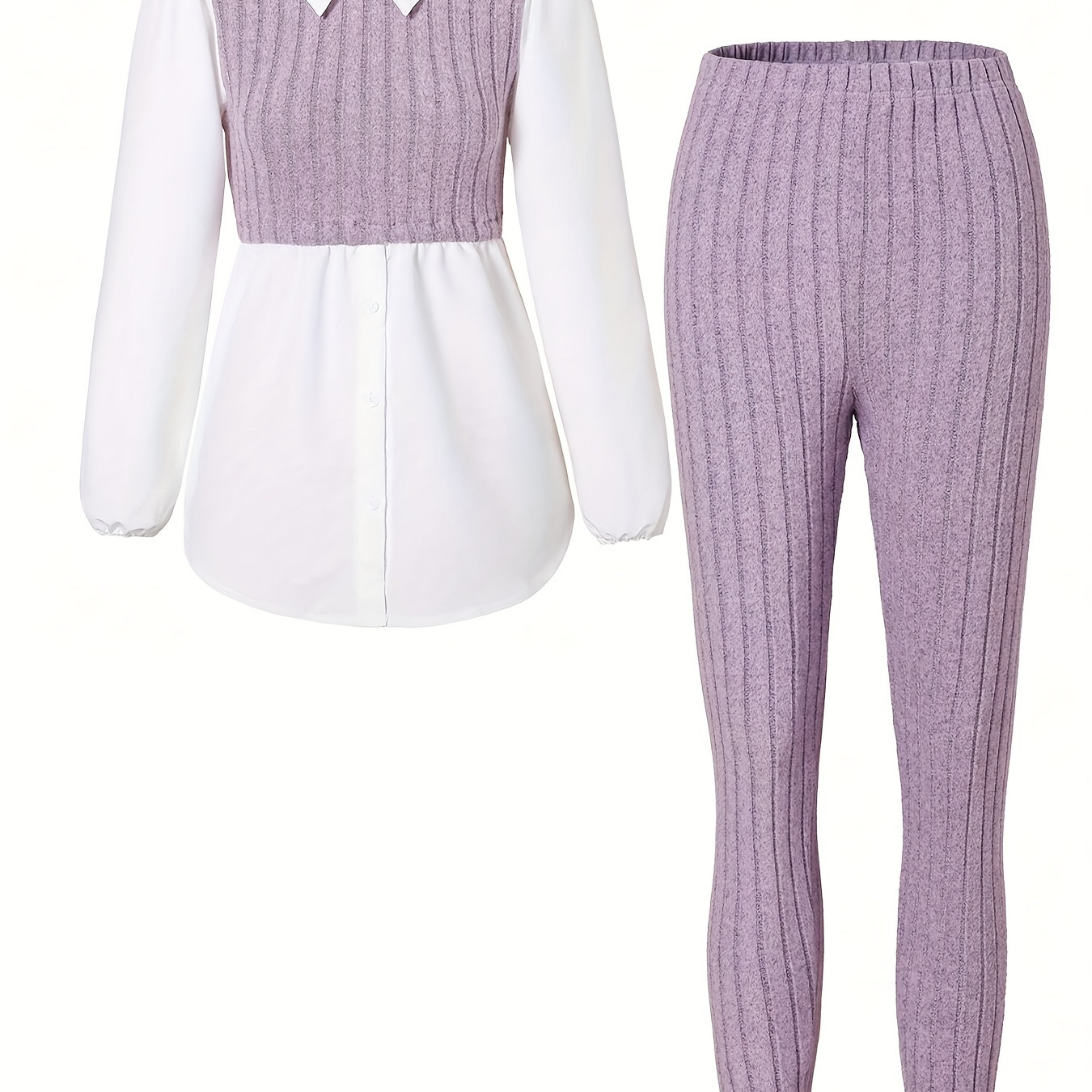 

Women'/fall Polyester Pants Set With Design, Woven Fabric, Reversible Collar - Cozy Sweater Top And Trousers Combo