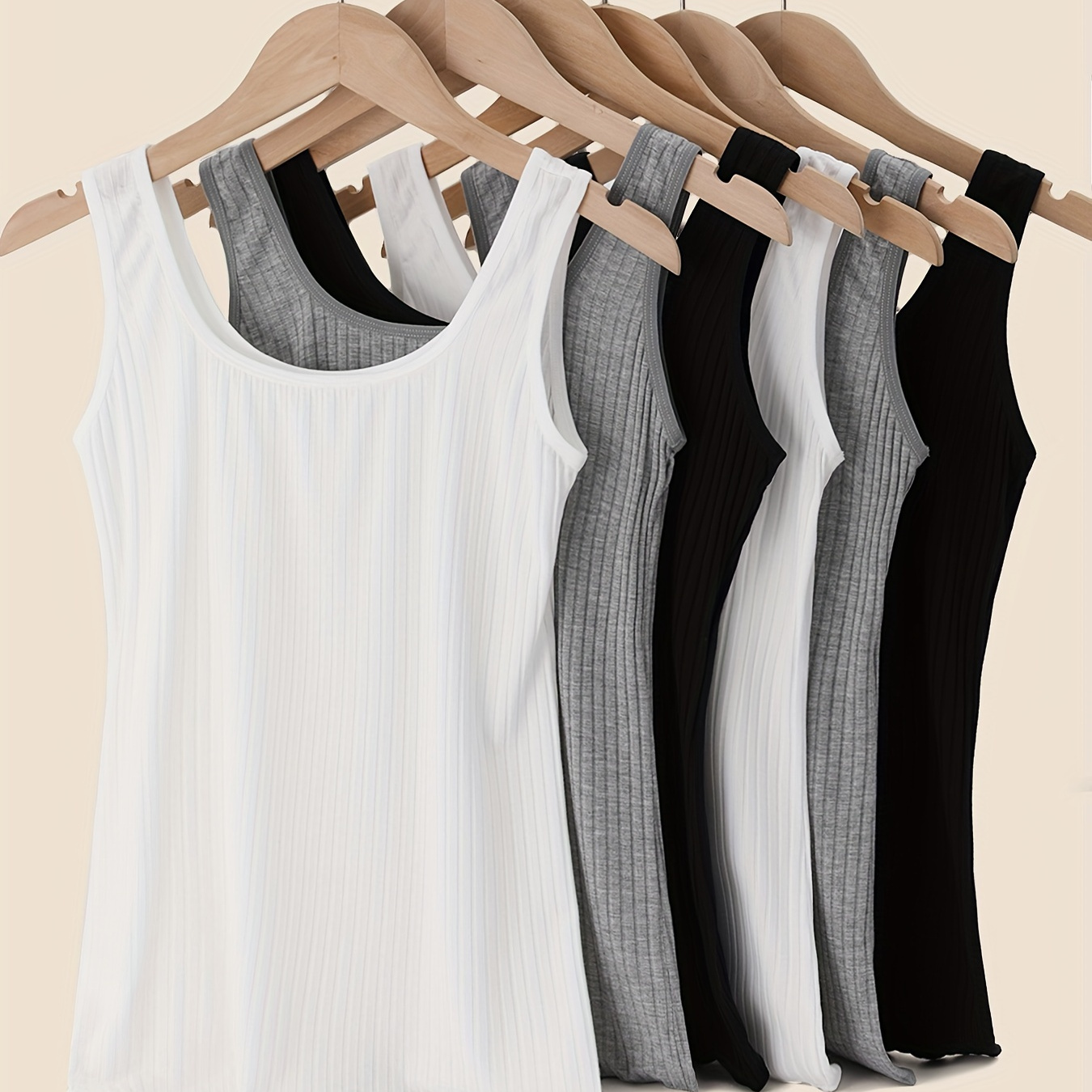 

6-pack Women's Cotton Ribbed Tank Tops In Black, White & Grey, Casual Style, Basic Sleeveless Shirts For Layering And Everyday Wear
