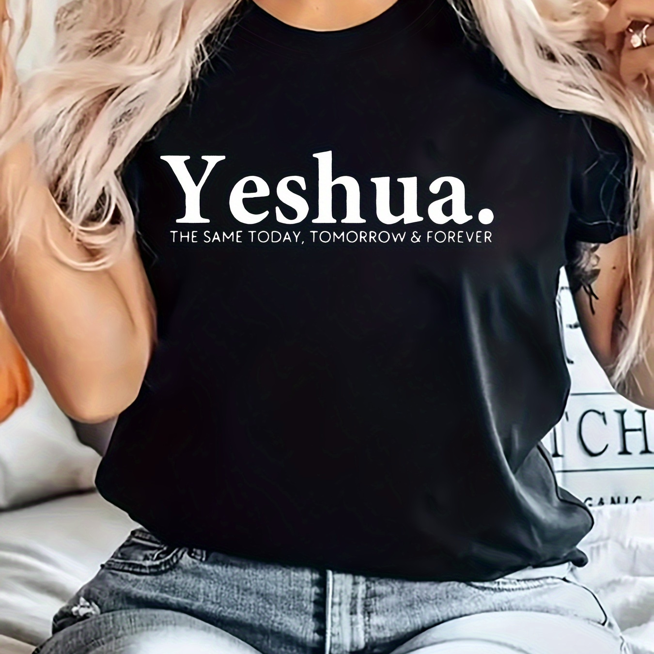 

Yeshua Letter Print T-shirt, Short Sleeve Crew Neck Casual Top For Summer & Spring, Women's Clothing