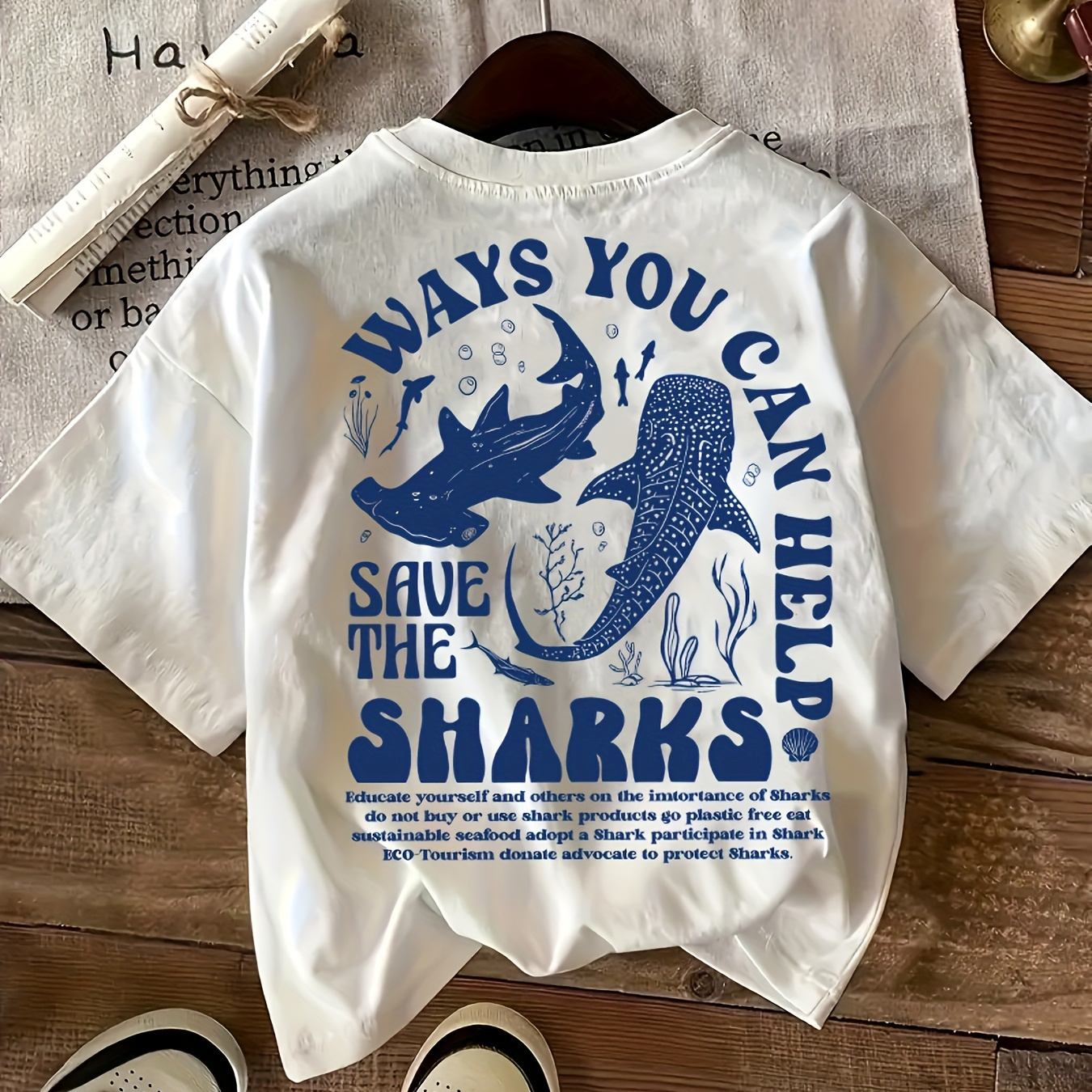 

Women's Casual Round Neck T-shirt With Shark Print, Polyester, Short Sleeve, Regular Fit, , Pullover Top, Fashion Tee For Ladies