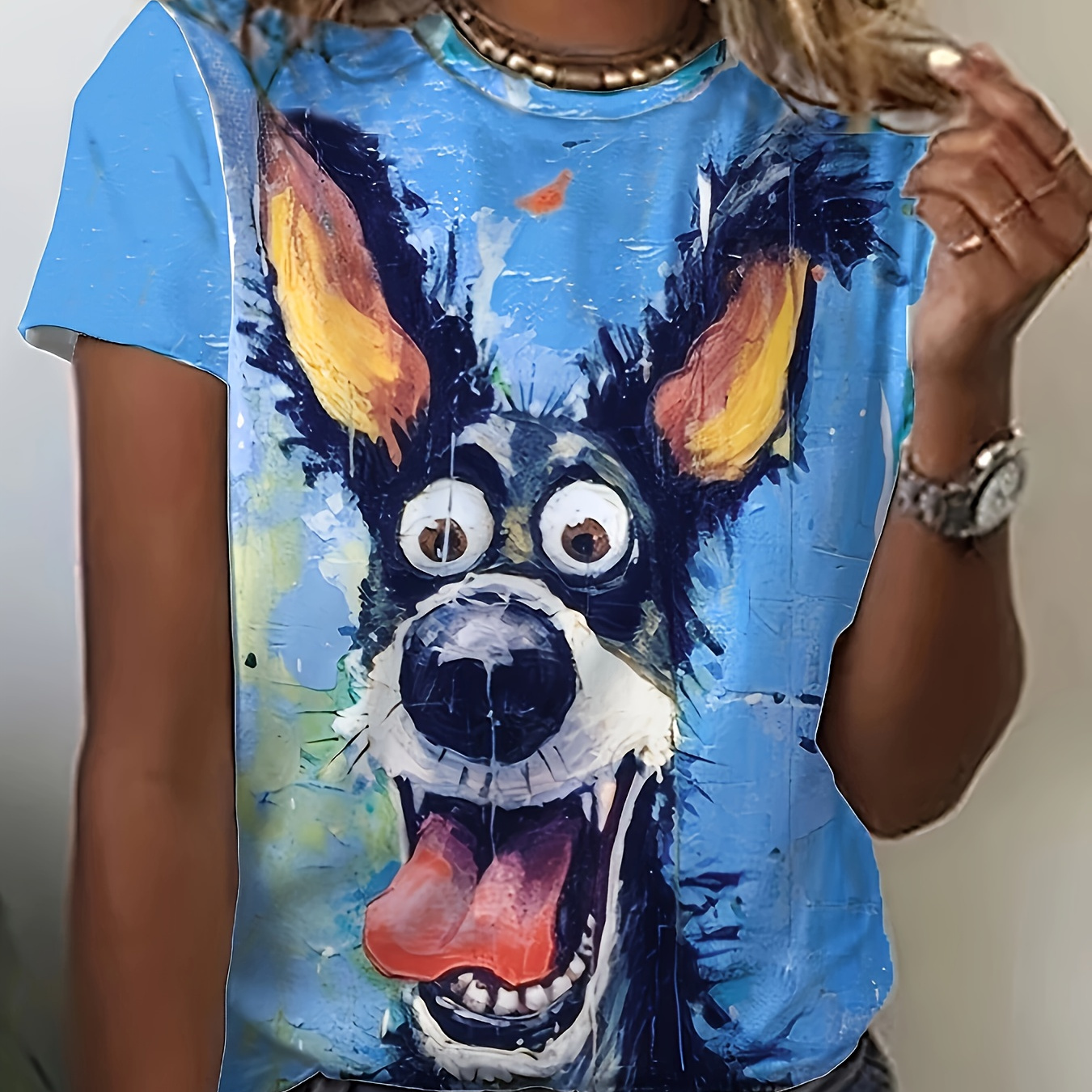 

Dog Print Crew Neck T-shirt, Short Sleeve Casual Top For Spring & Summer, Women's Clothing