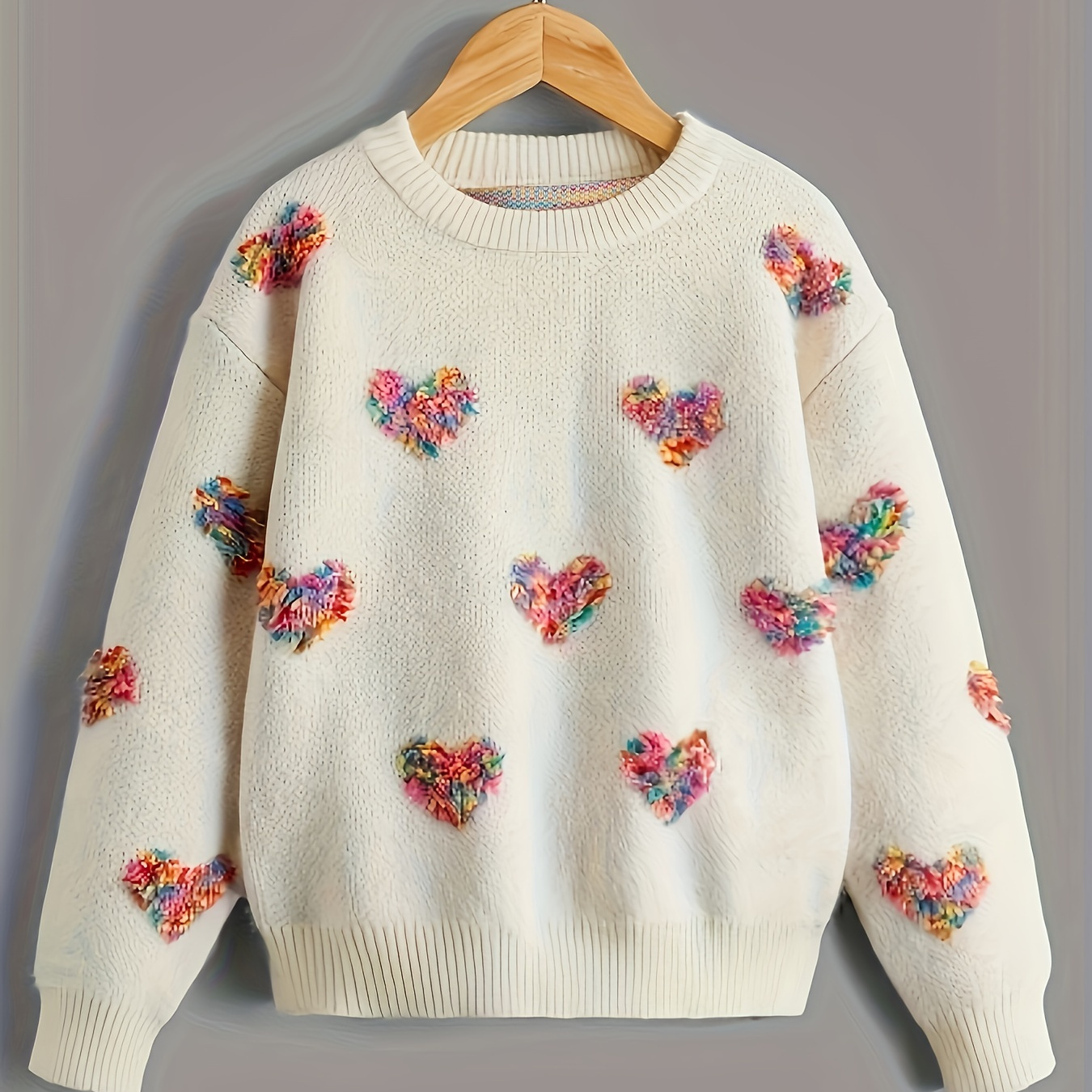 

Plus Size Jacquard Heart Pattern Sweater, Casual Long Sleeve Crew Neck Knit Top For Fall & Winter, Women's Plus Size Clothing