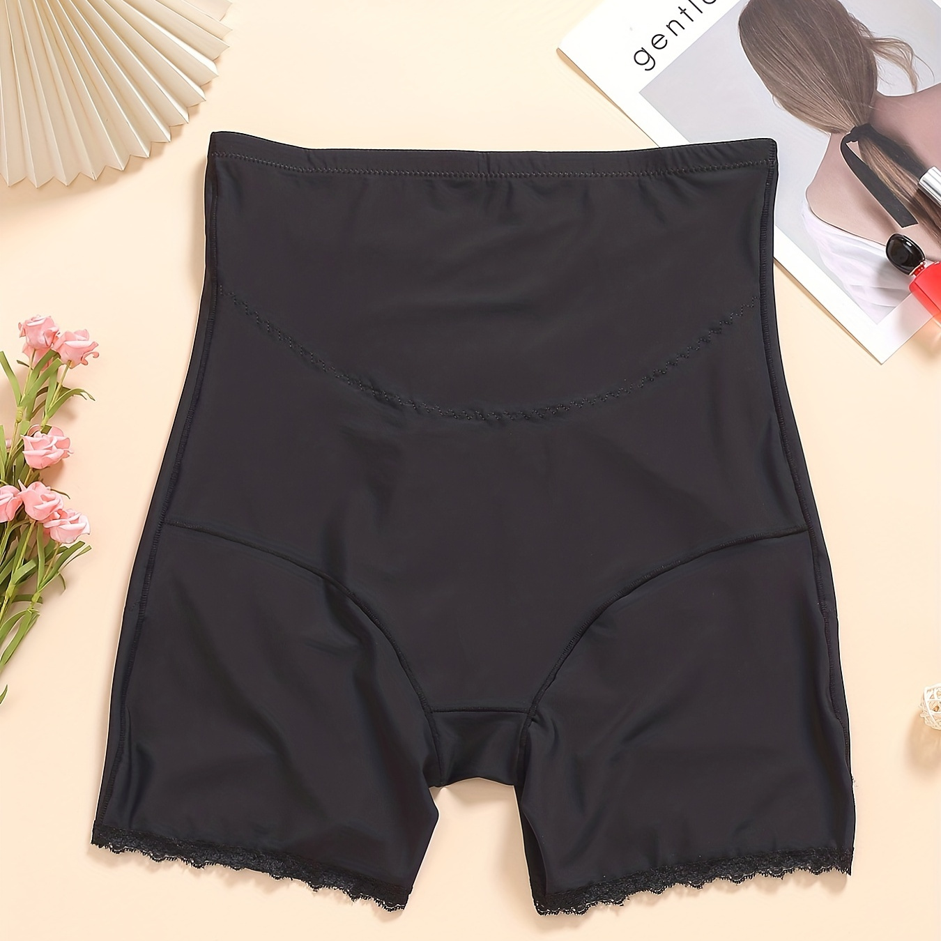 Plus Size Solid High Waist Wave Trim Shapewear Shorts, Women's Plus Slight Stretch Slim Pants