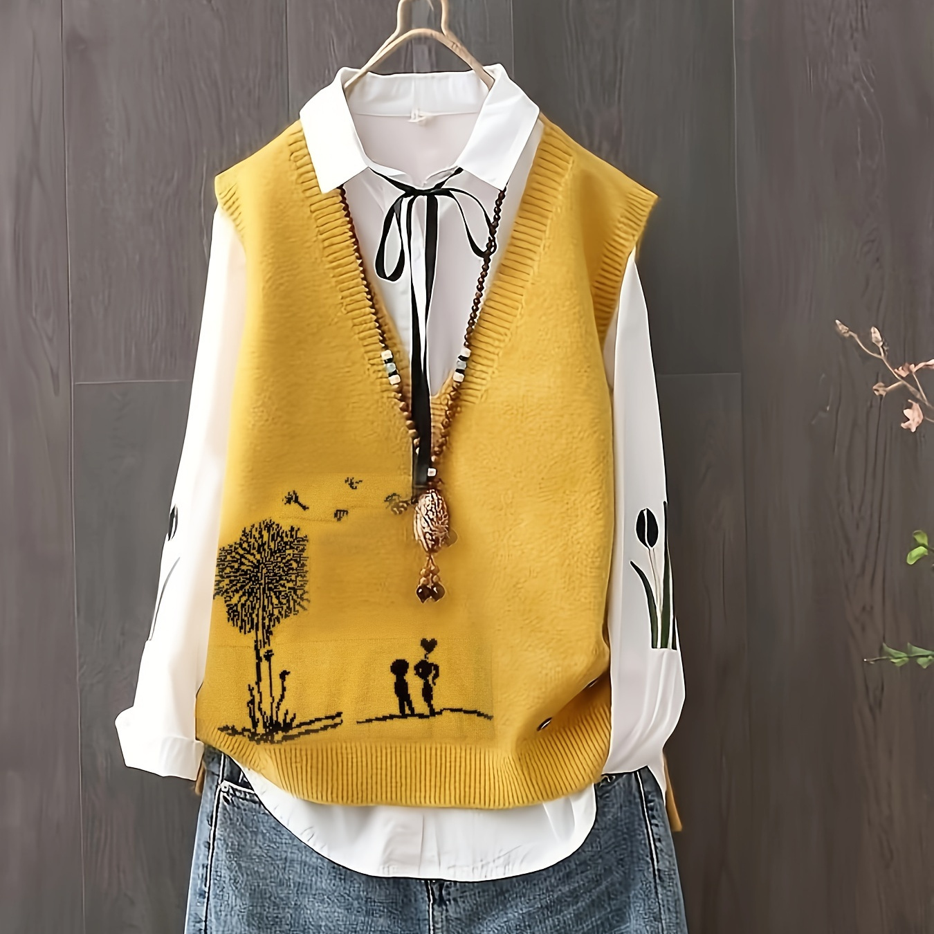 

Gilet en jaune à en V pour femme, viscose, style élégant, imprimé floral, toutes , cardigan manches, tissu tricoté