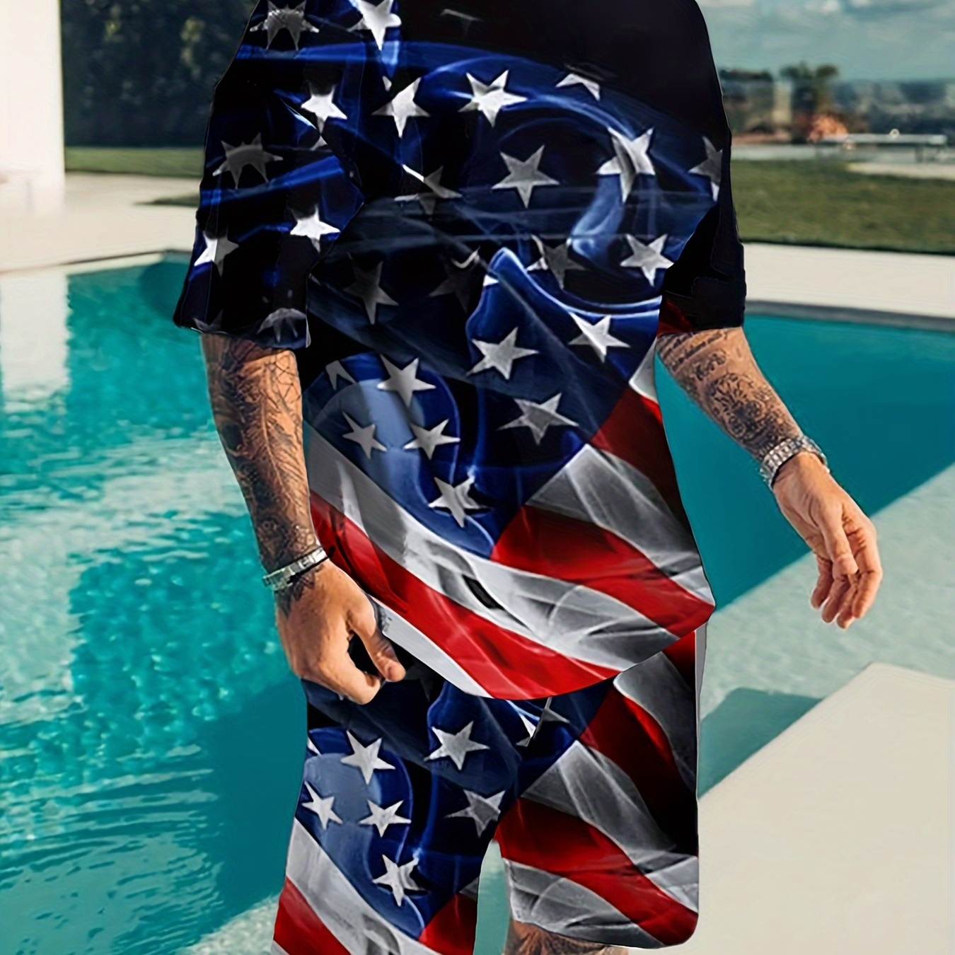 

Men's Breathable 3d Flag Sportswear Set - Comfy Polyester T-shirt & Shorts For Casual Attire