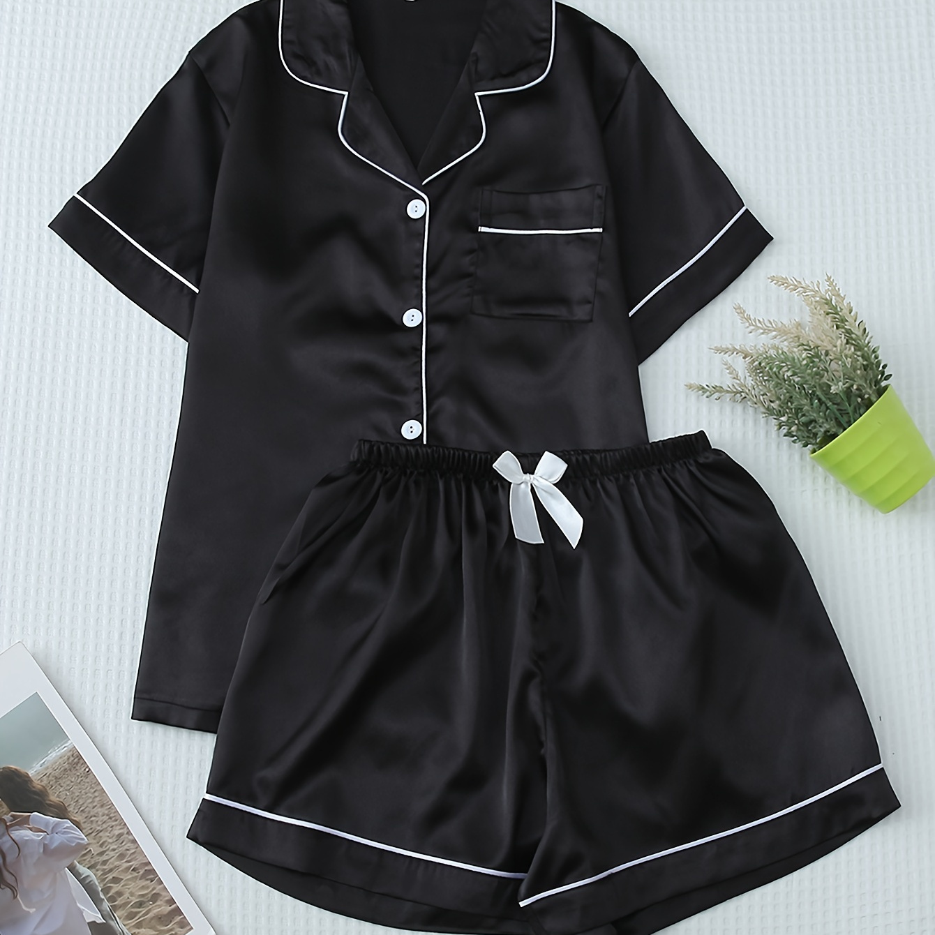 

Casual Solid Satin Pajama Set, Short Sleeve Button Up Lapel Collar Top & Elastic Shorts, Women's Sleepwear & Loungewear