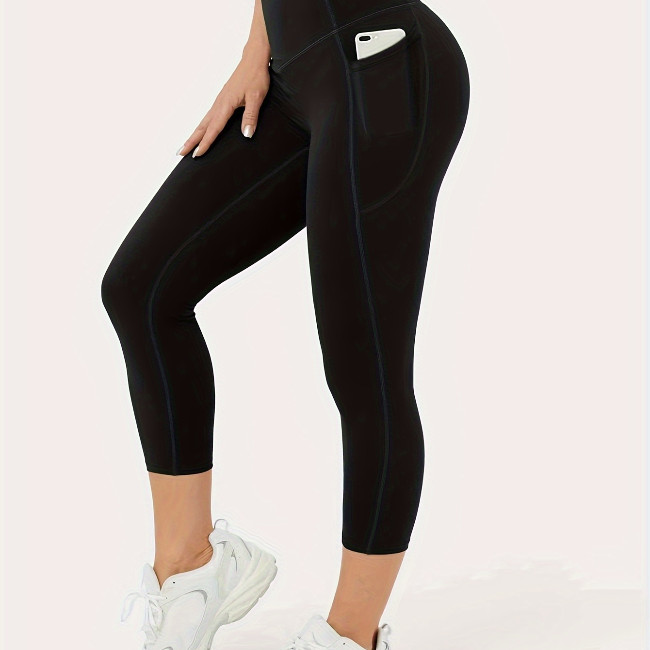 

High-waisted Side Pocket Sculpting Cropped Leggings For Workout, Sport Style, Breathable, Phone Pouch Detail Wide Waistband