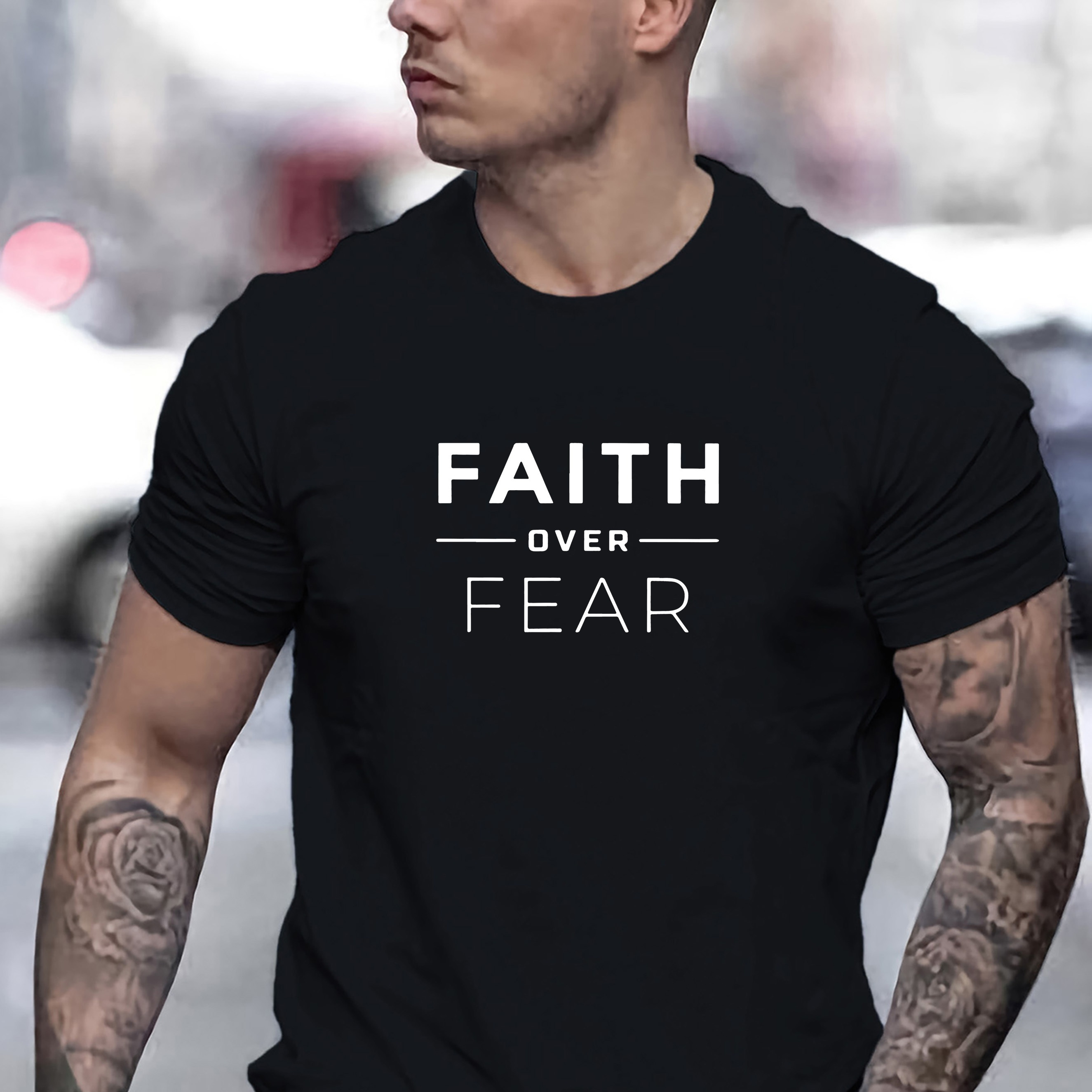 

Faith Over Fear Letter Graphic Print Men's Creative Top, Casual Short Sleeve Crew Neck T-shirt, Men's Clothing For Summer Outdoor