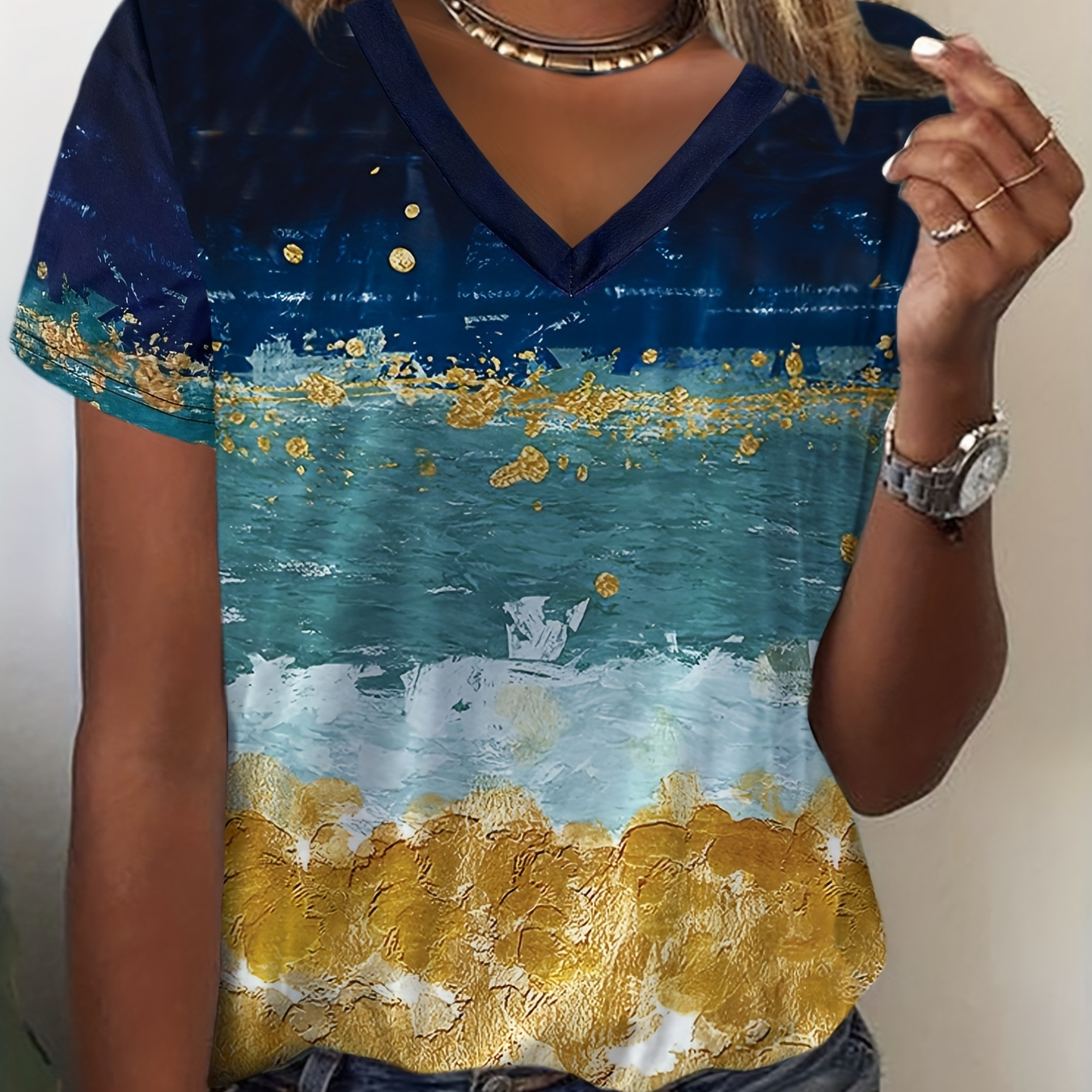 

Color Block V Neck T-shirt, Casual Short Sleeve Summer T-shirt, Women's Clothing