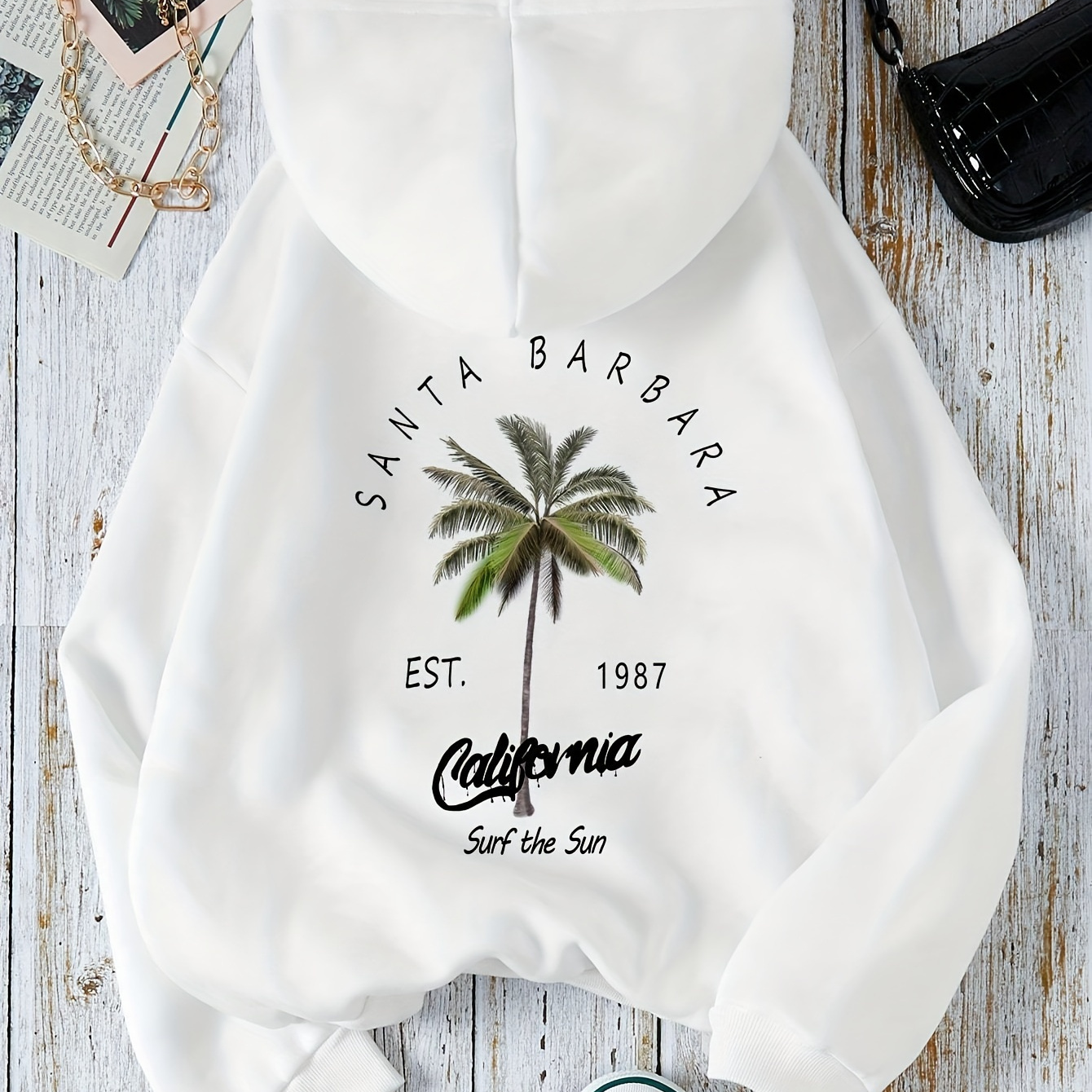 

Coconut Tree Print Kangaroo Pocket Hoodie, Casual Long Sleeve Drawstring Hooded Sweatshirt, Women's Clothing