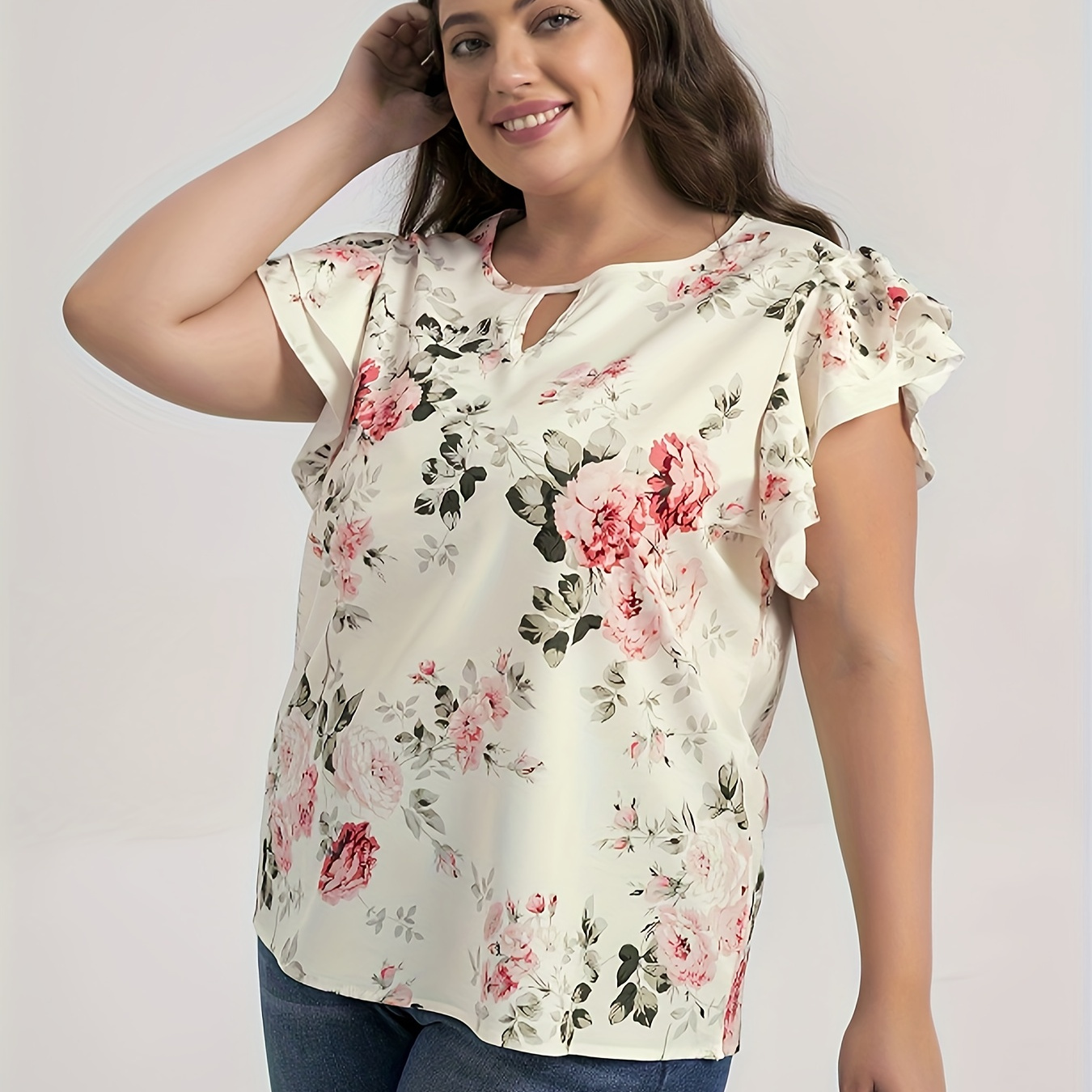 TEMU Plus Size Floral Print Blouse, Casual Cut Out Short Sleeve Blouse For Summer, Women's Plus Size clothing