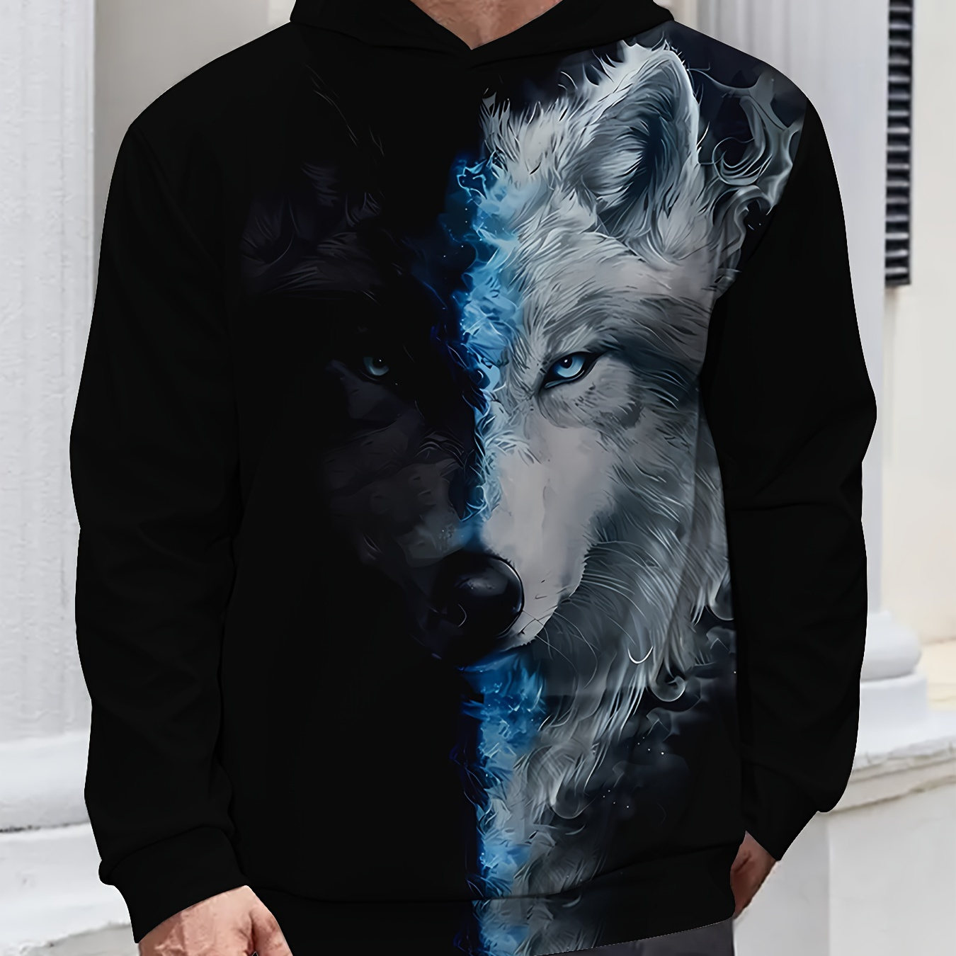 

3d Wolf Print Men's Hoodie, Polyester Medium Stretch Hooded Long Sleeve Casual Fashion Top For Spring/fall Weekend Casual Wear