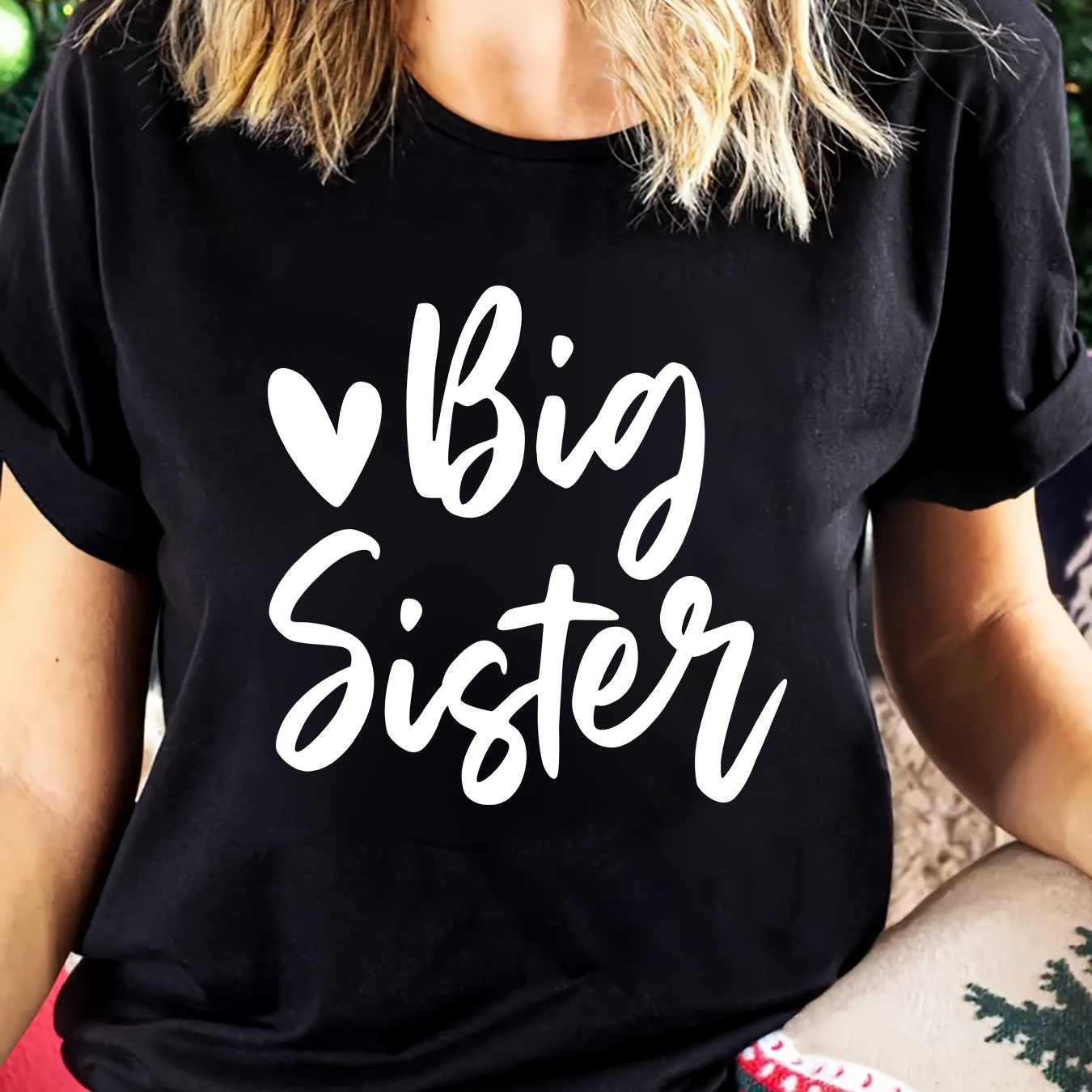 

Women's Casual Crew Neck T-shirt With "big Sister" Print, 100% Polyester Knit Fabric, Medium Stretch, Summer Alphabet Pattern Top