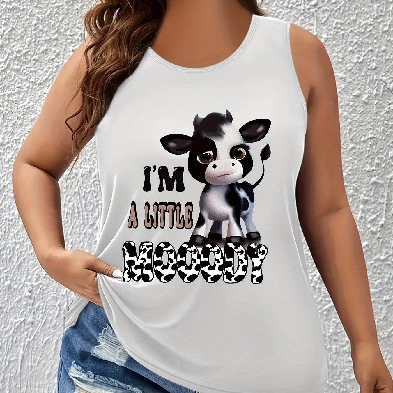 

Plus Size Cow & Letter Mooody Print Tank Top, Casual Sleeveless Crew Neck Top For Summer & Spring, Women's Plus Size Clothing