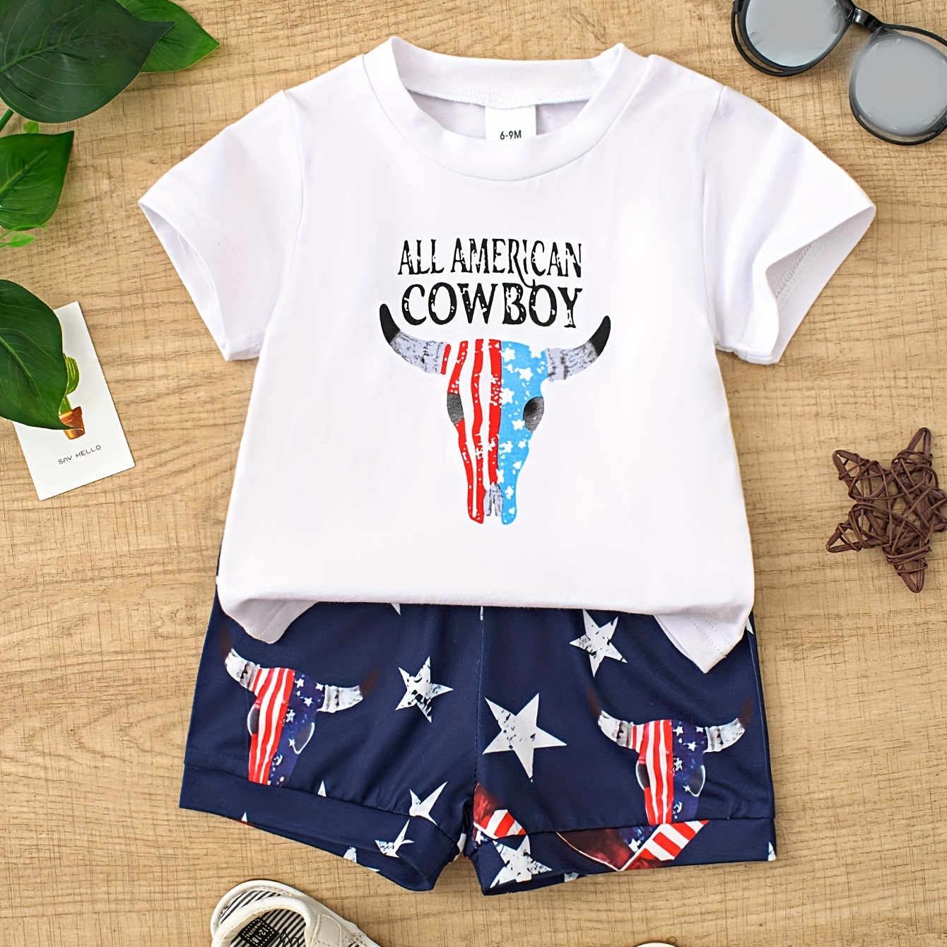 

2pcs Baby's "all American Cowboy" Print Summer Set, T-shirt & Trendy Shorts, Baby Boy's Clothing